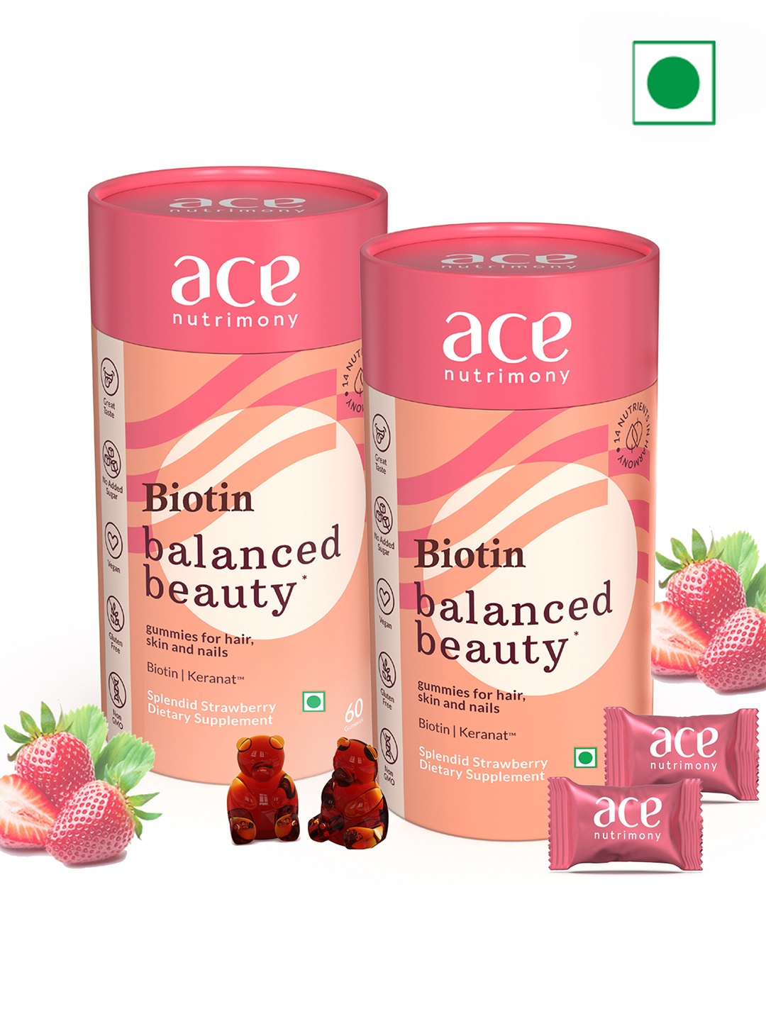 

Ace Nutrimony 2Pcs Gummies For Hair Growth - Splendid Strawberry - 60 Gummies Each, Red