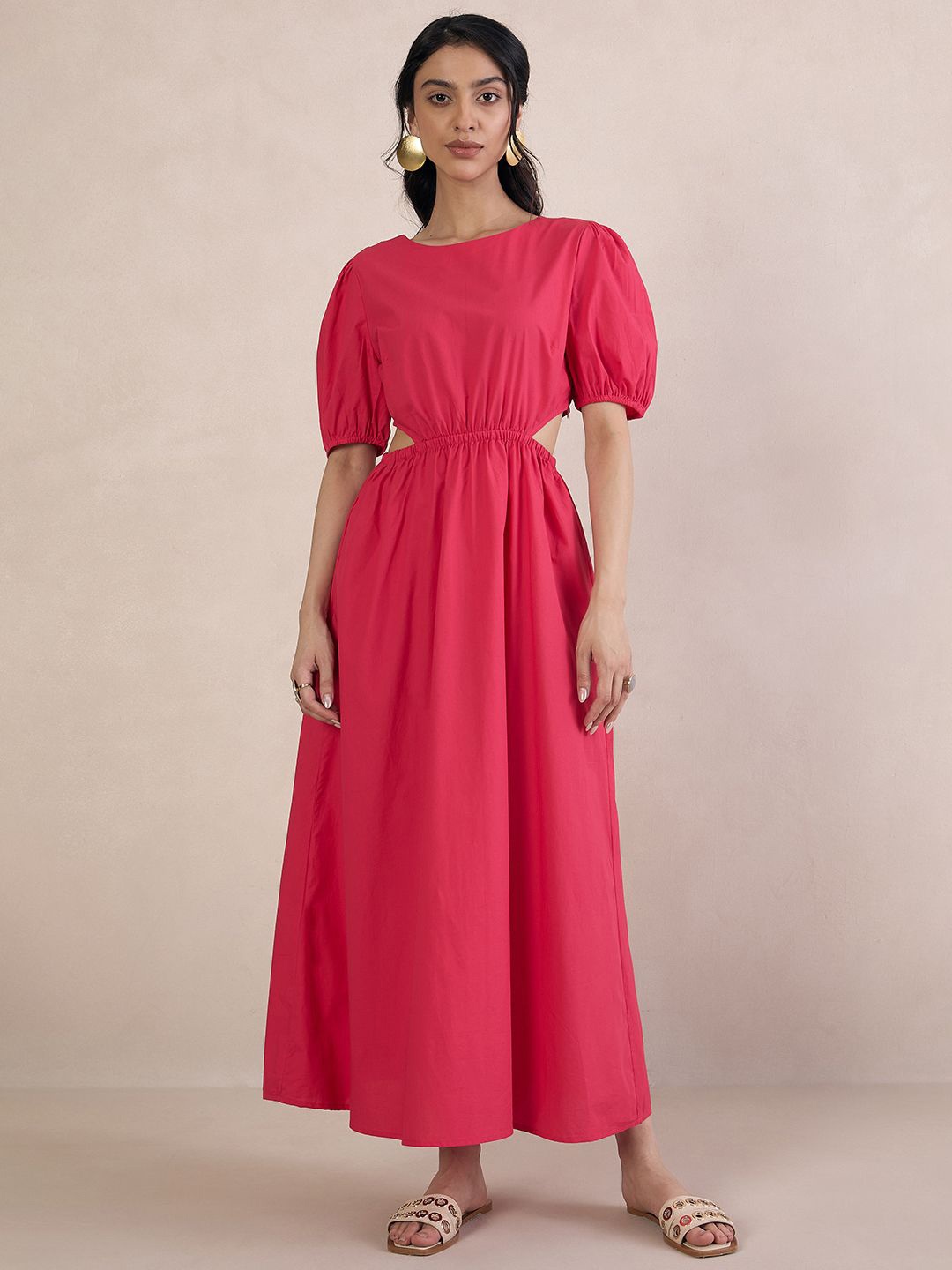 

FEMMELLA Women Puff Sleeve Maxi Fit and Flare Dress, Pink