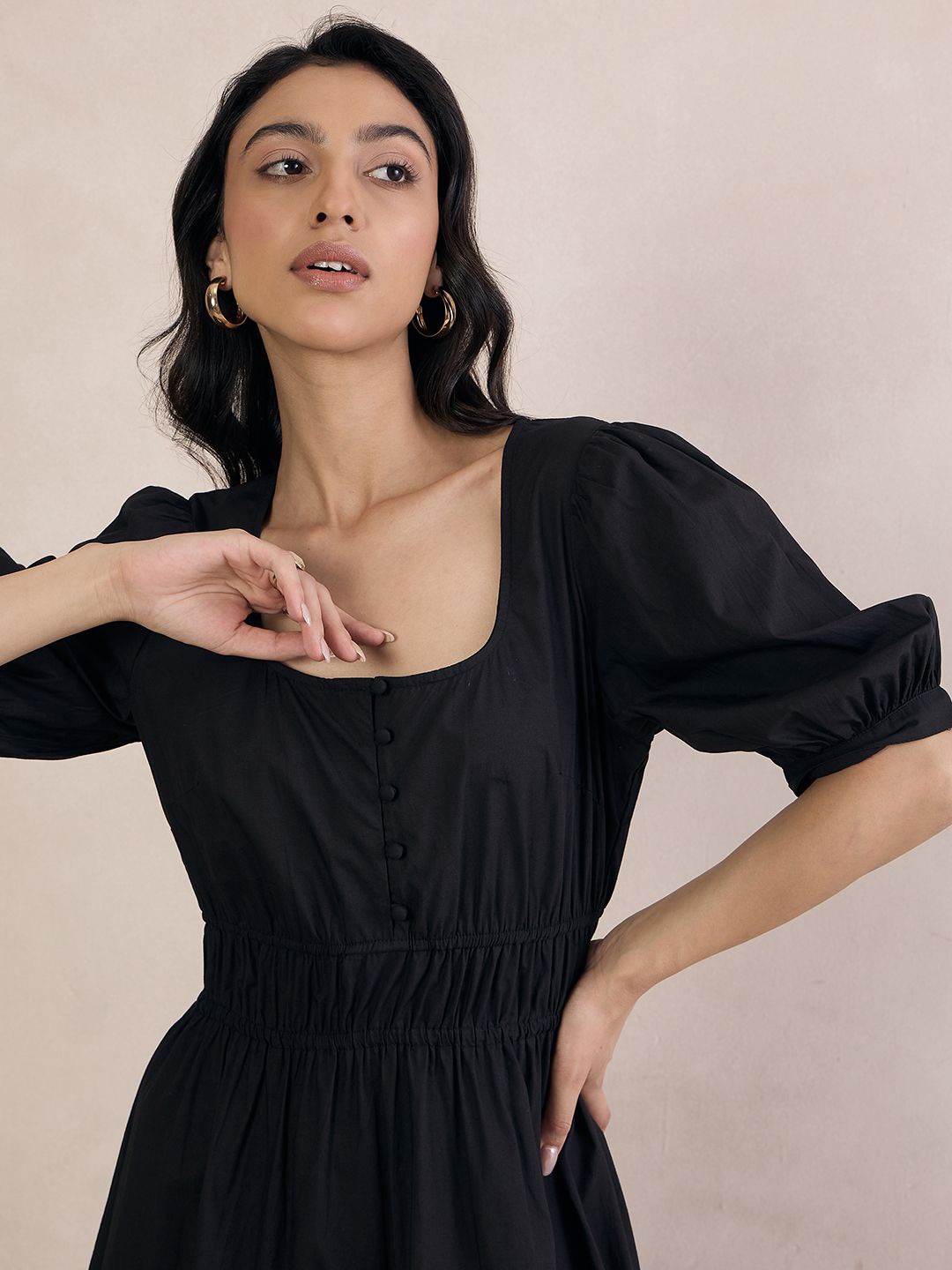 

FEMMELLA Puff Sleeve Tiered Cotton Fit & Flare Maxi Dress, Black