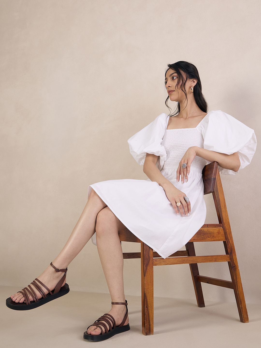 

FEMMELLA Puff Sleeve Fit & Flare Dress, White