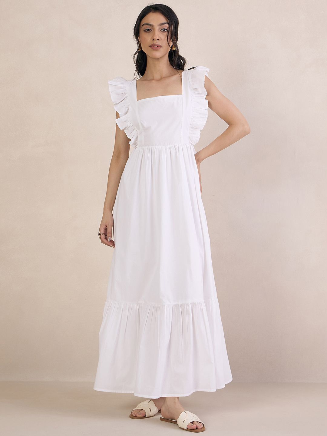 

FEMMELLA Women Square Neck Flutter Sleeves Maxi Dress, White