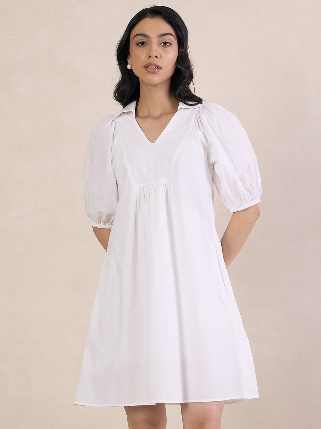 

FEMMELLA Puff Sleeve Cotton A-Line Dress, White