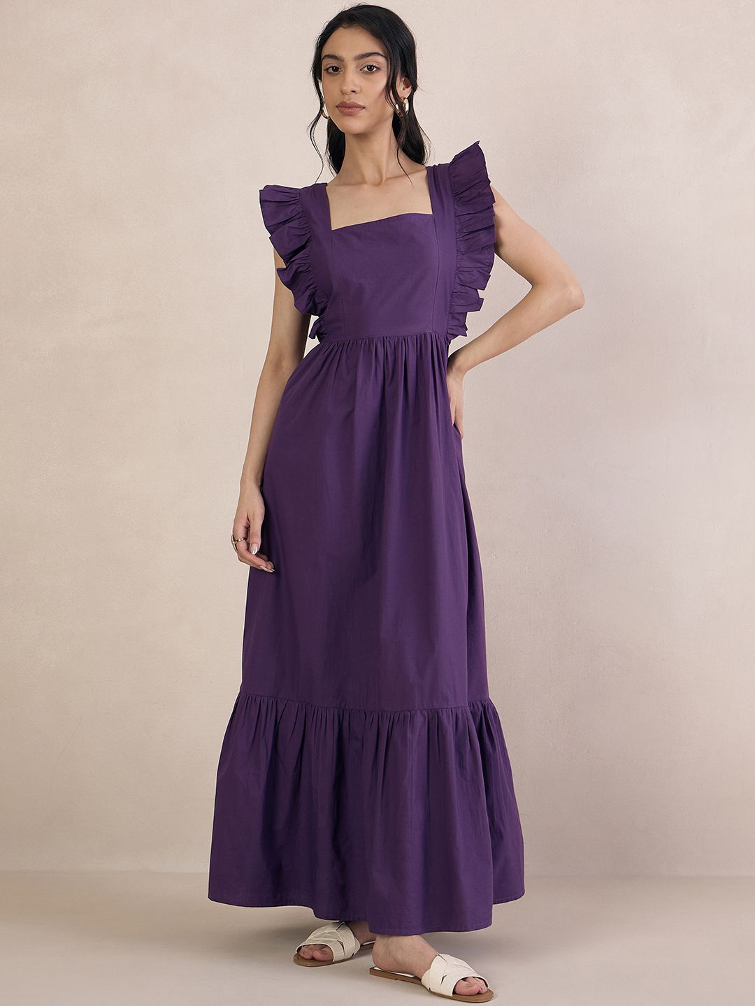 

FEMMELLA Cotton Fit & Flare Ruffles Maxi Dress, Purple