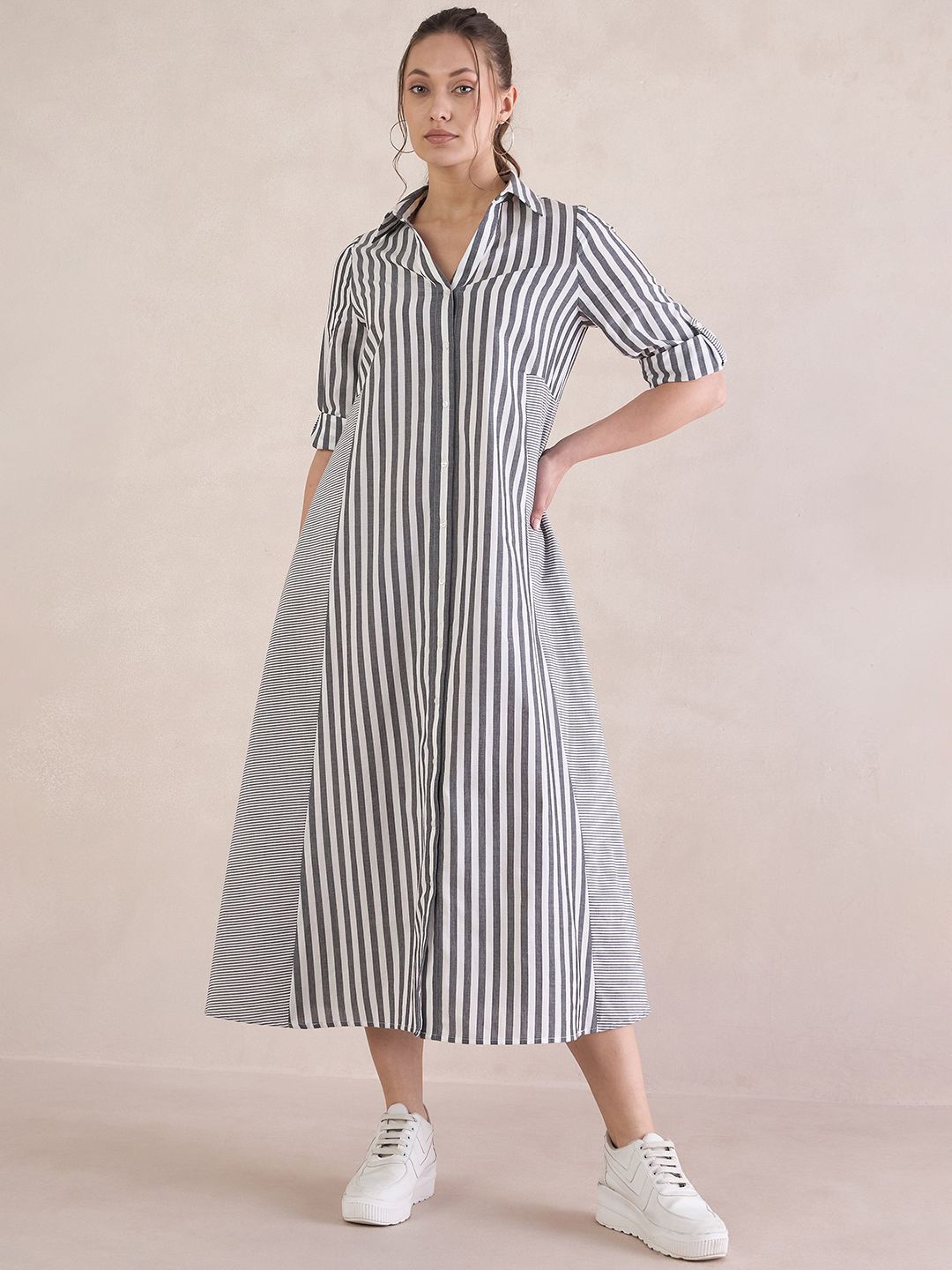 

FEMMELLA Women Striped Shirt Collar Roll-Up Sleeves A-Line Dress, Black