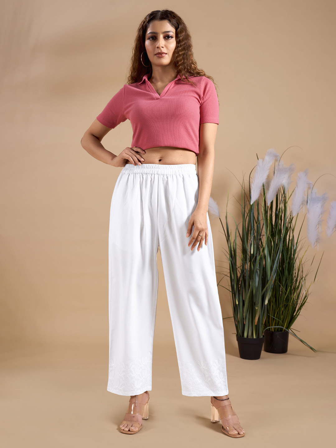 

IWUMAN Women Solid Straight Fit Cotton Slip On Knitted Palazzos, White