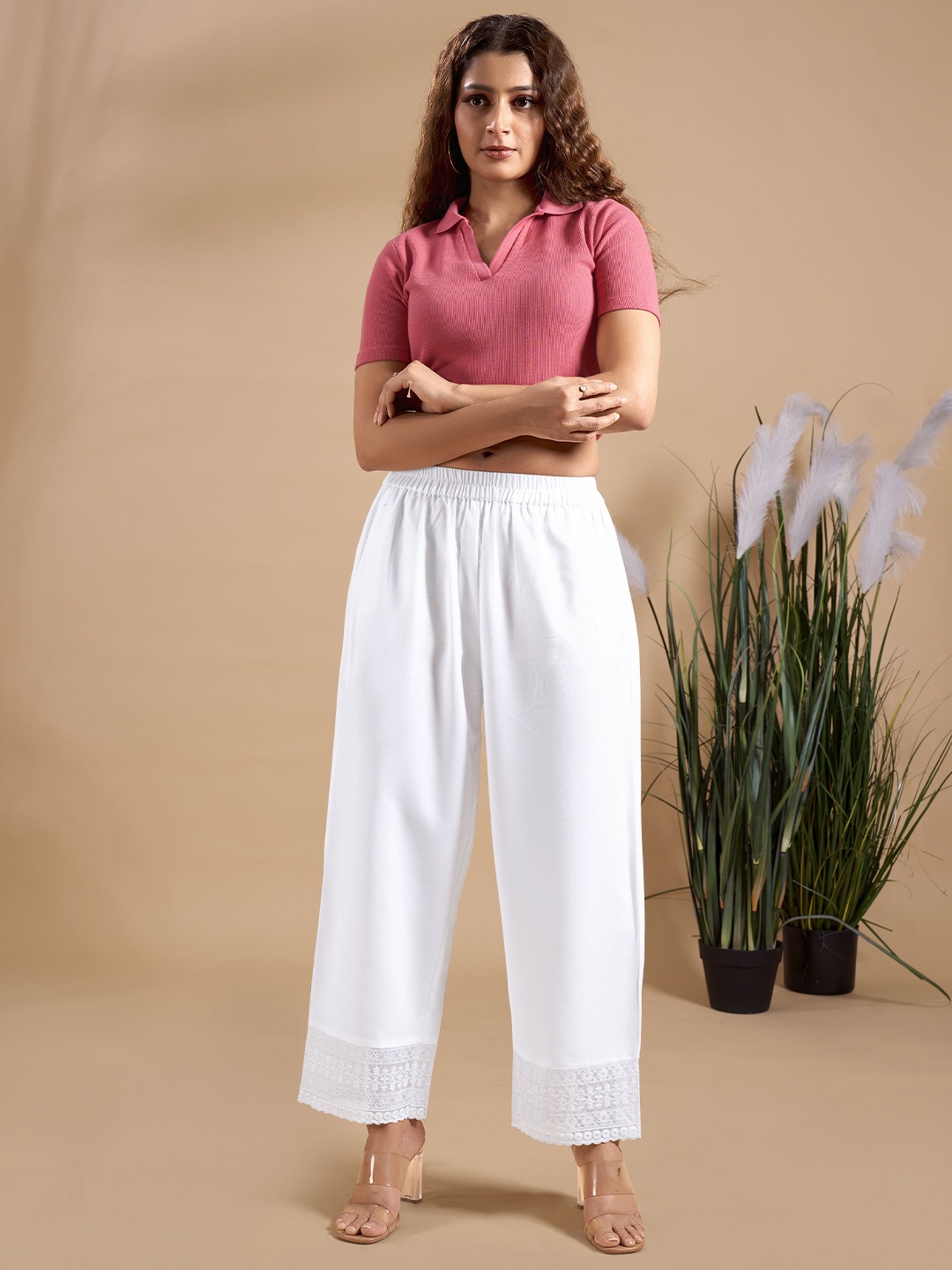 

IWUMAN Women Floral Embroidered Knitted Palazzos, White