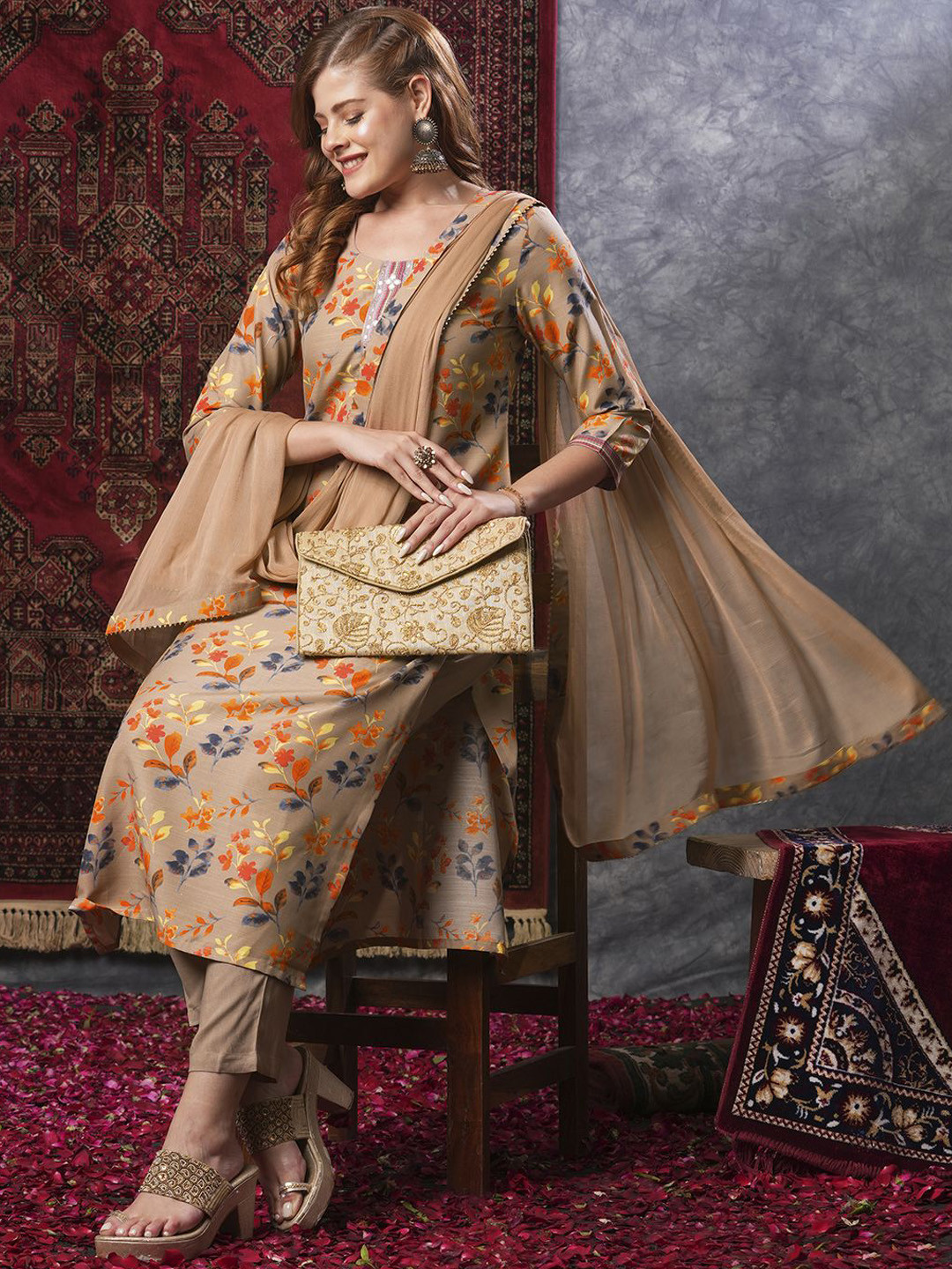 

KALINI Floral Printed Straight Kurta With Trousers & Dupatta, Cream