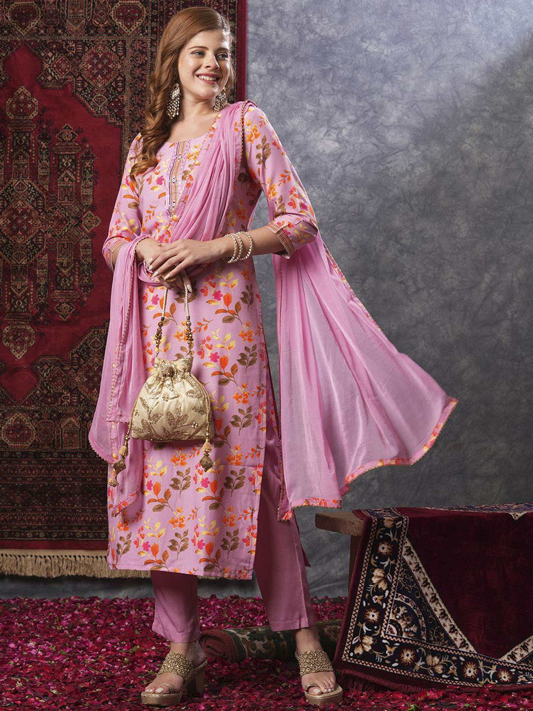 

KALINI Floral Printed Sequinned Straight Kurta With Trousers & Dupatta, Pink