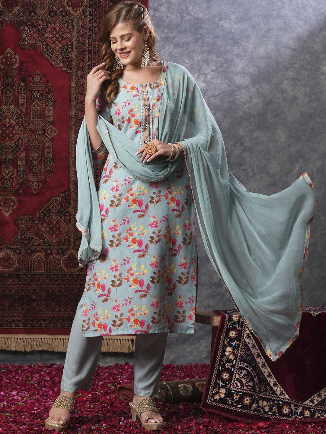 

KALINI Floral Printed Straight Kurta with Trousers & Dupatta, Blue