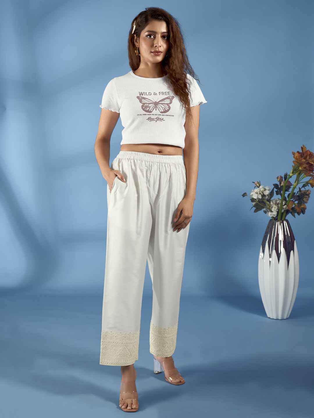 

IWUMAN Women Embroidered Ethnic Palazzos, Off white