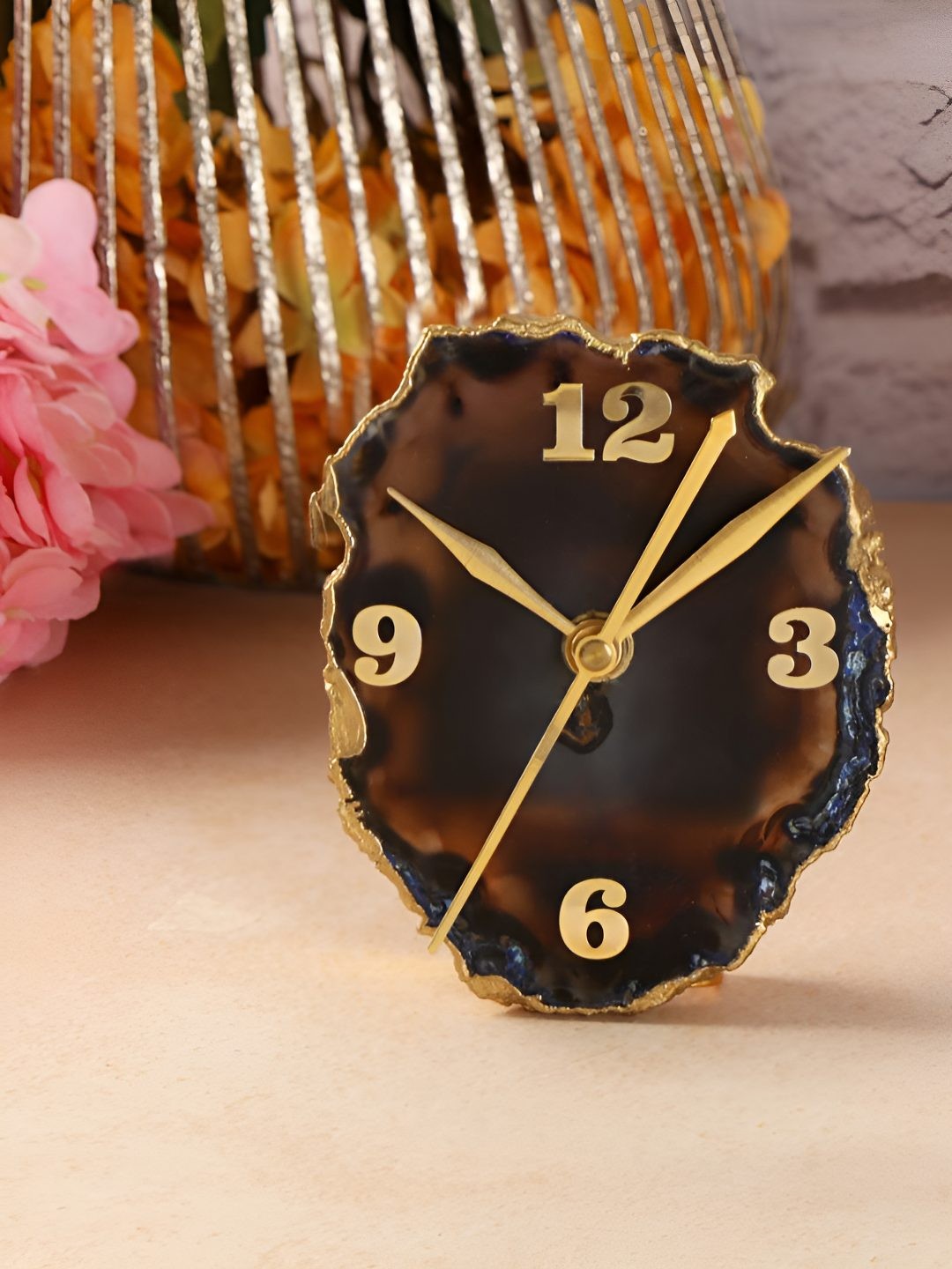 

THE HOME CO. Brown & Gold-Toned Analogue Contemporary Table Clock
