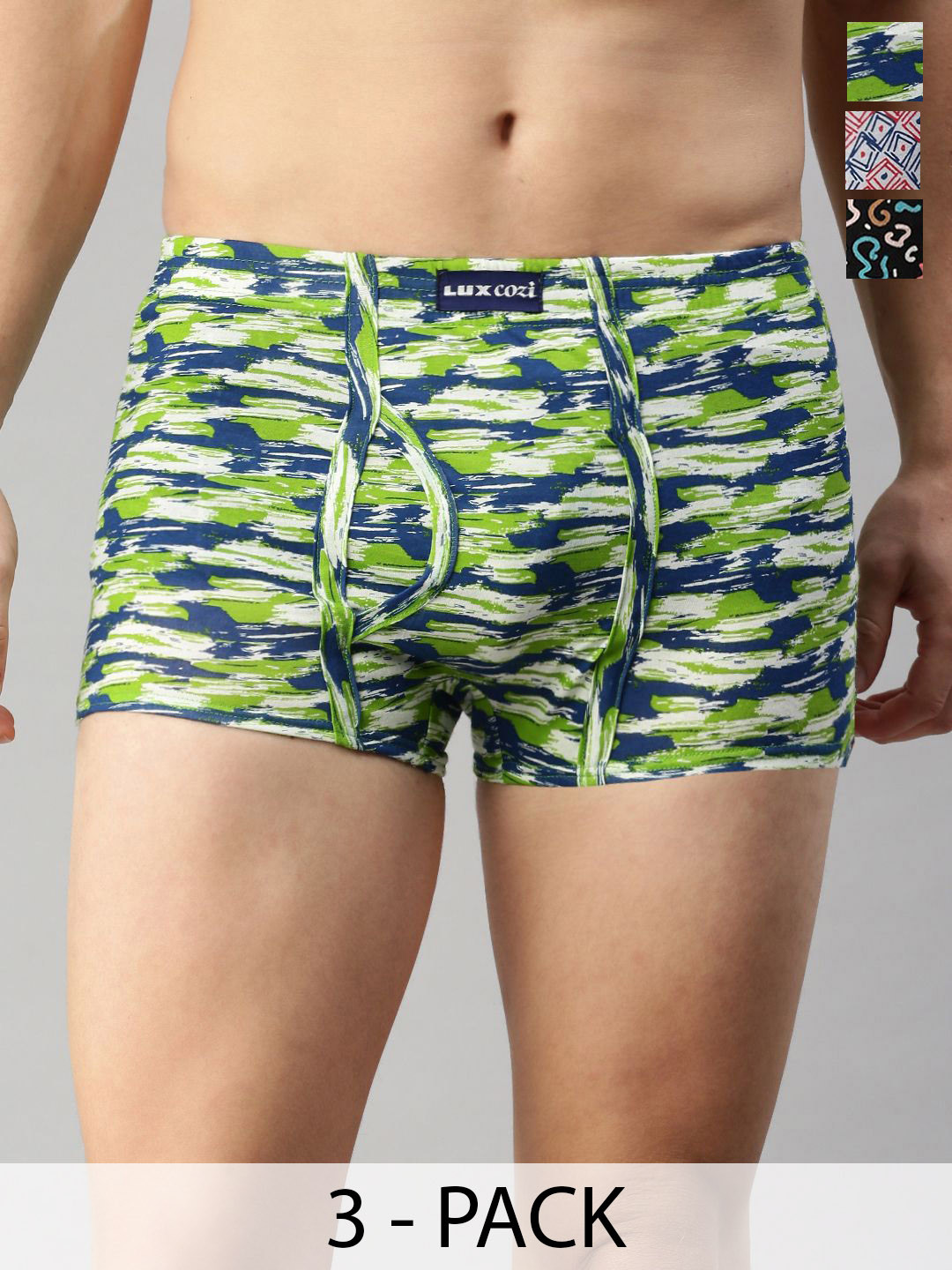 

Lux Cozi Pack Of 3 Men Assorted Trunks CZ_BGT_SL_PRT_IE_AST2_3PC, Green