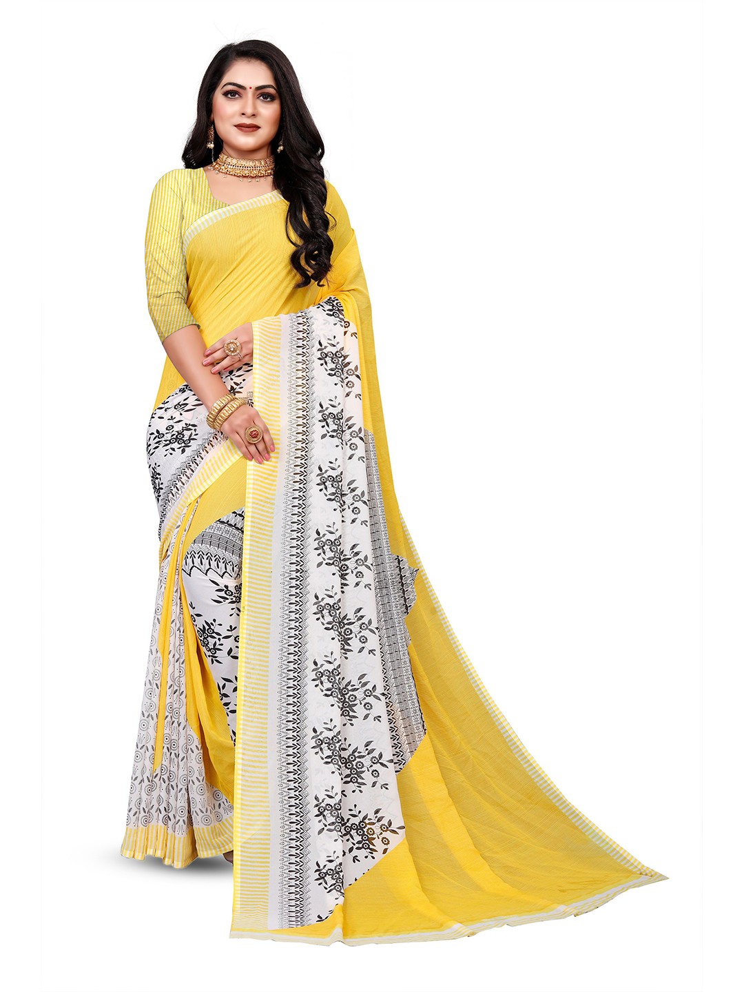 

RUNAYA NX Floral Printed Pure Georgette Saree, Yellow
