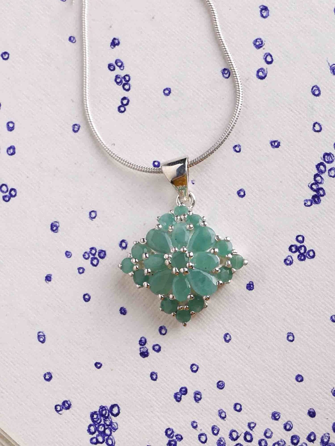 

Exotic India Faceted Emerald Gemstone Diamond Shaped Sterling Silver Pendant