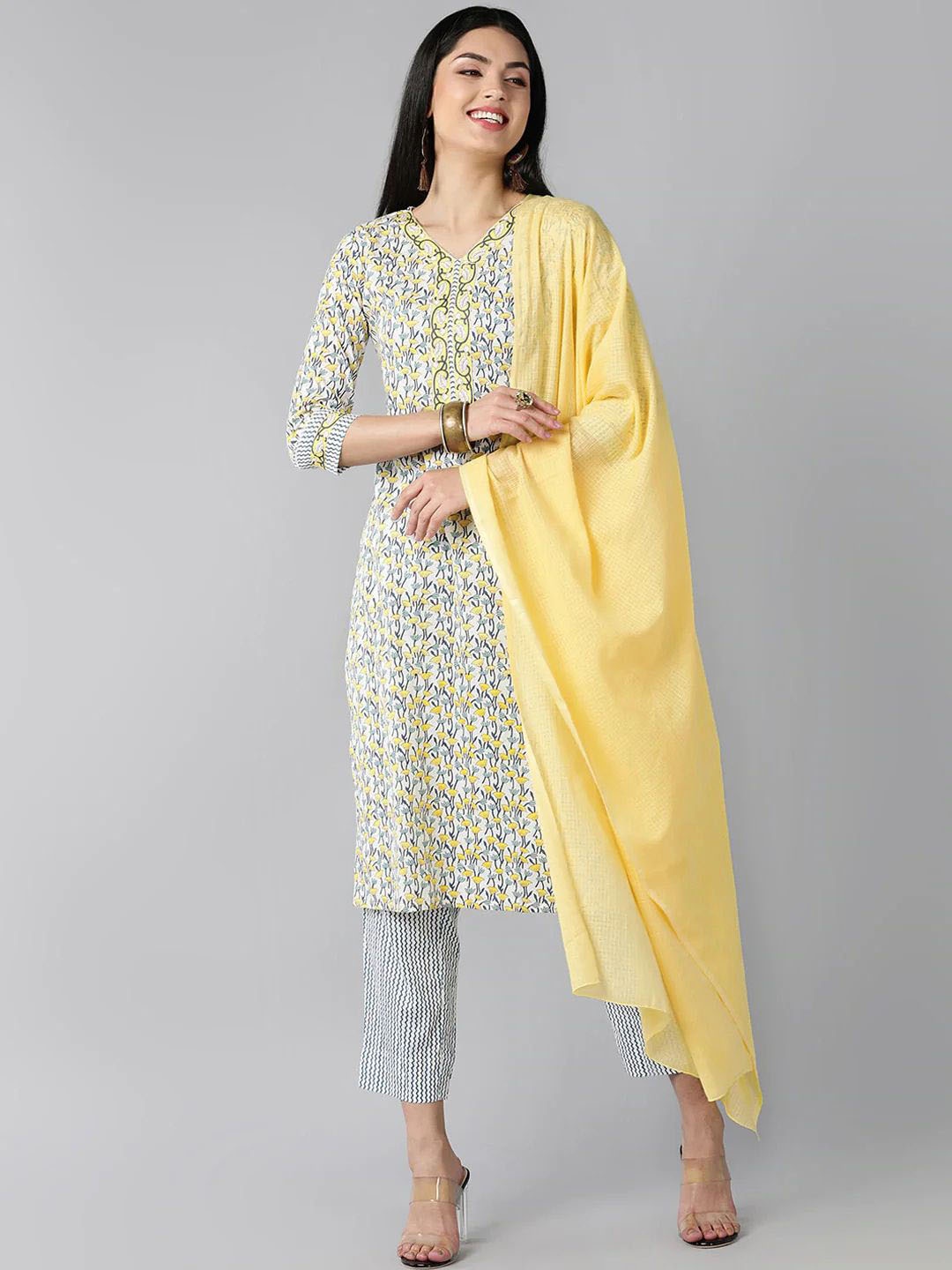 

7Threads Floral Printed V-Neck Straight Kurta with Trousers & Dupatta, White
