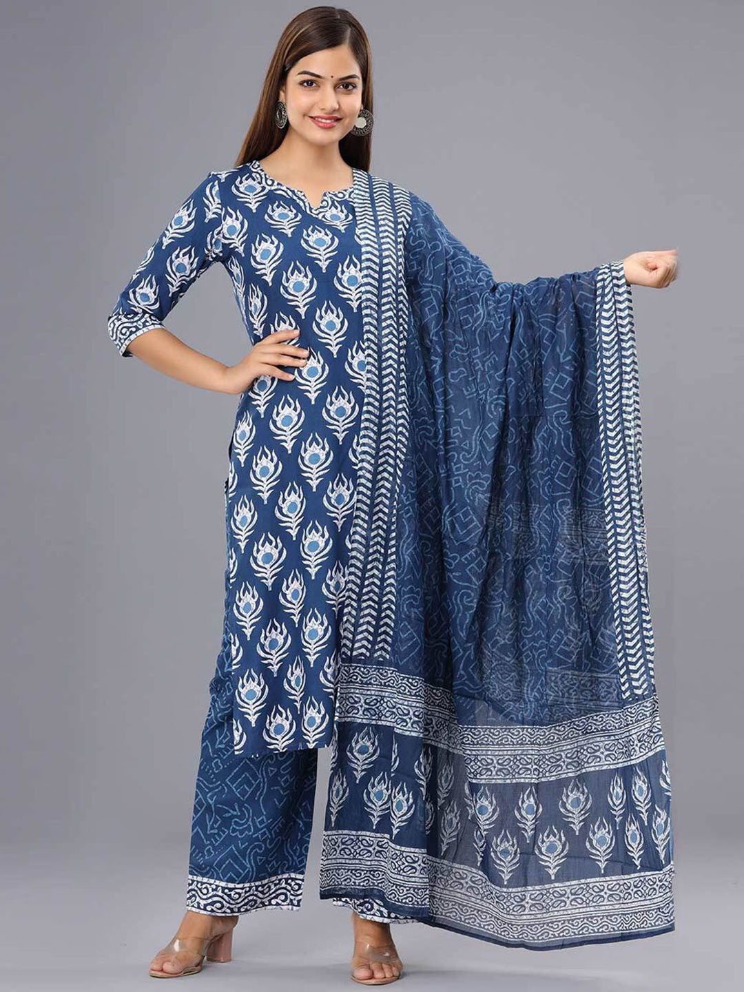 

7Threads Ethnic Motifs Printed Straight Kurta with Trousers & Dupatta, Blue