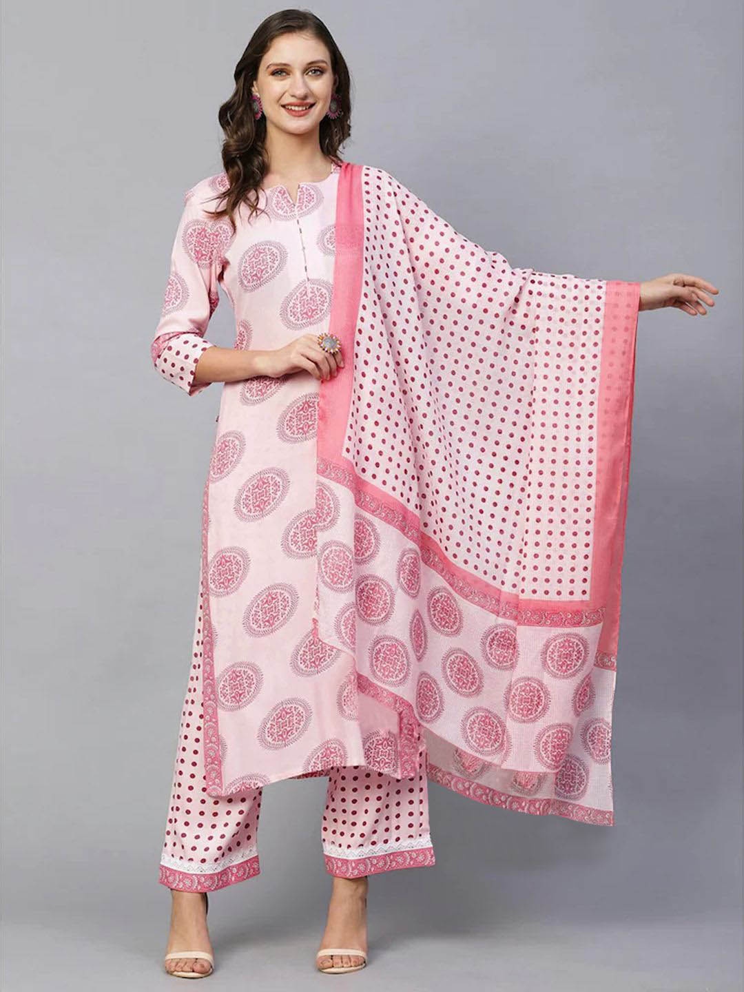 

7Threads Ethnic Motifs Printed Straight Kurta With Trousers & Dupatta, Pink