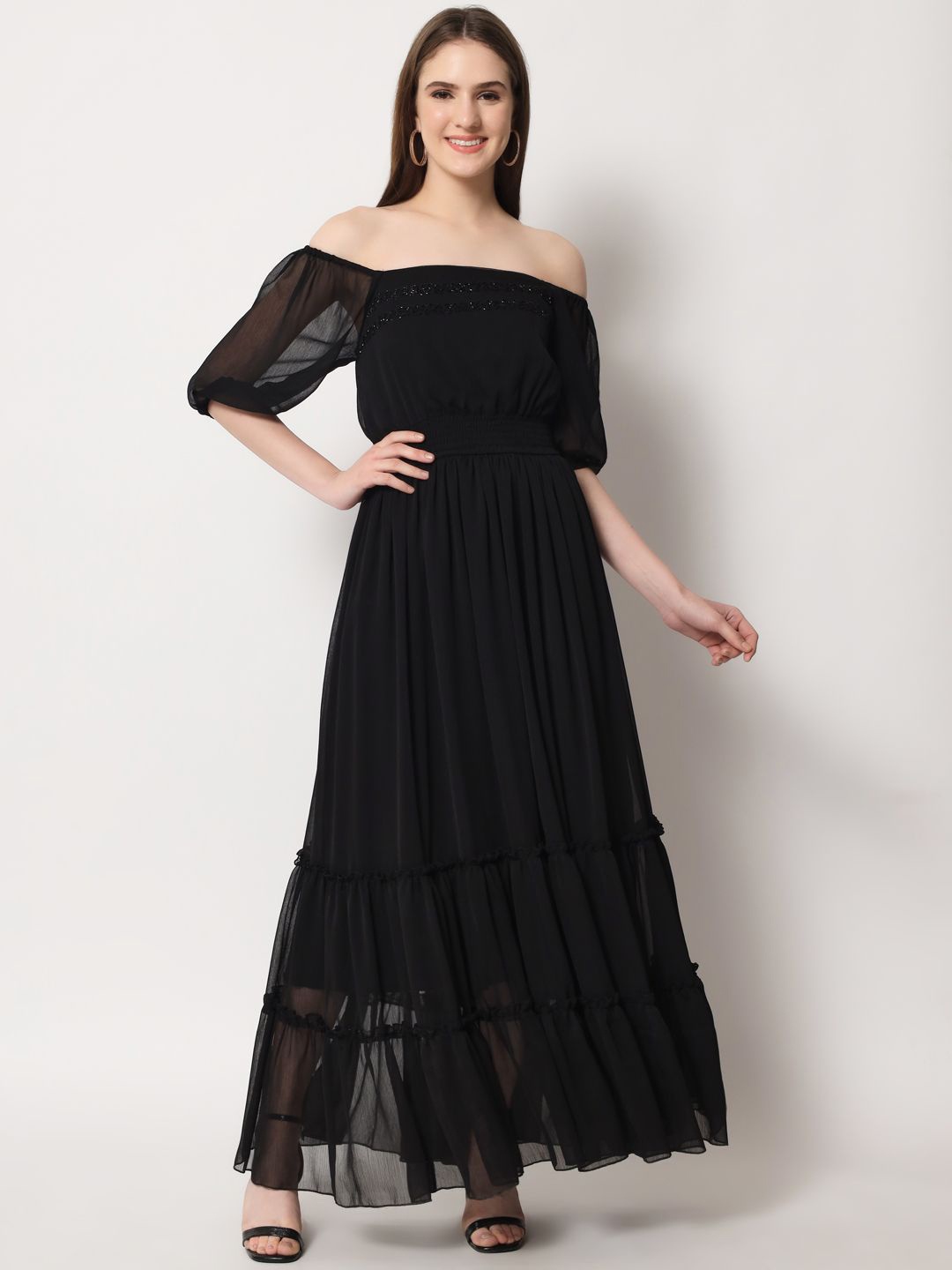 

ARDITA Women Off-Shoulder Puff Sleeve Maxi Fit and Flare Dress, Black