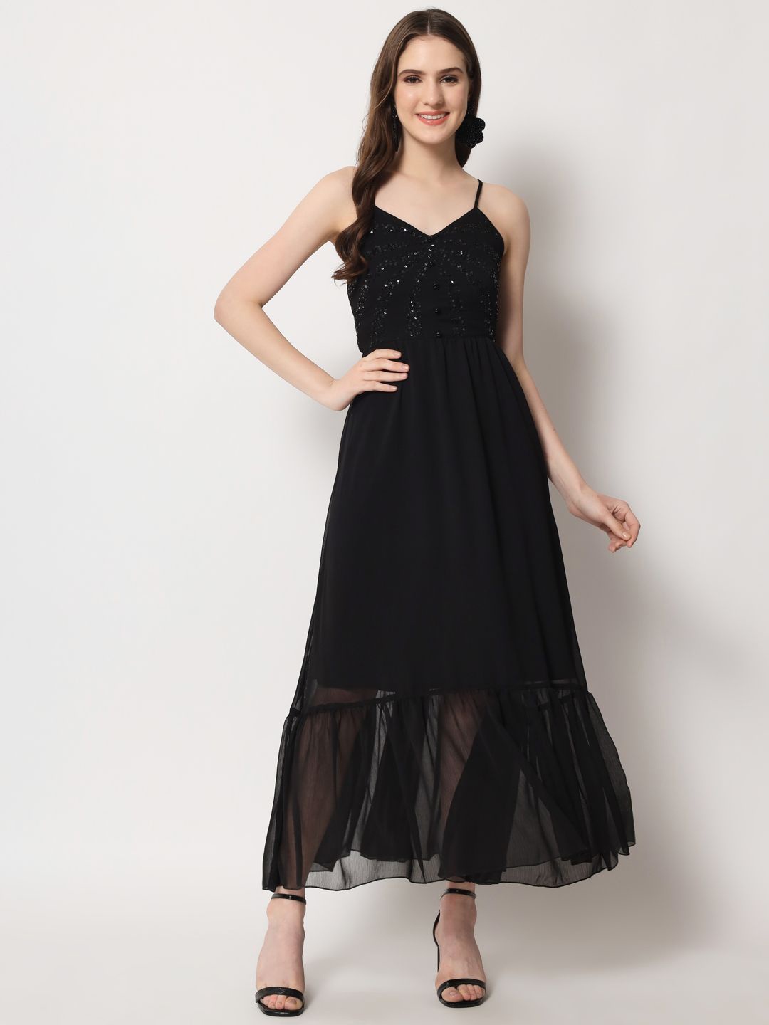 

ARDITA Embellished Tiered Chiffon Maxi Dress, Black