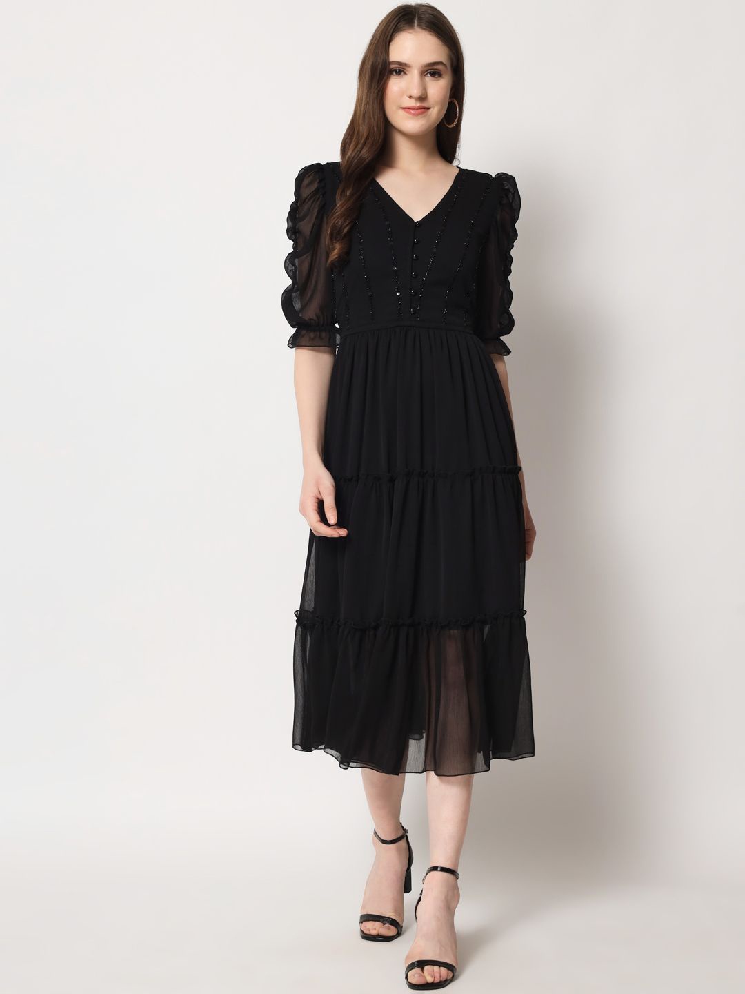 

ARDITA Women Puff Sleeve Chiffon Tiered A-Line Midi Dress, Black