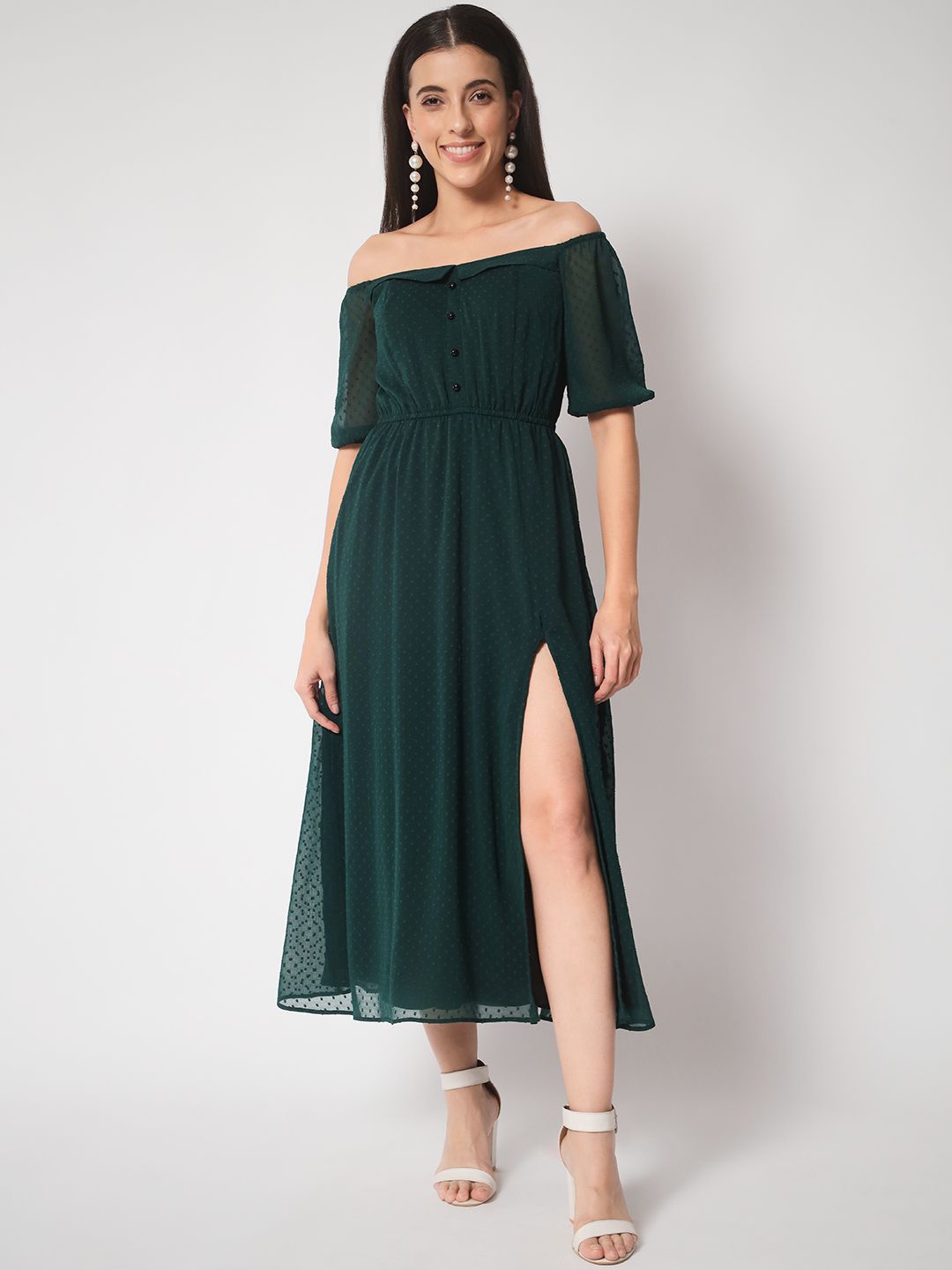 

ARDITA Off-Shoulder Puff Sleeve Fit & Flared Midi Dress, Green