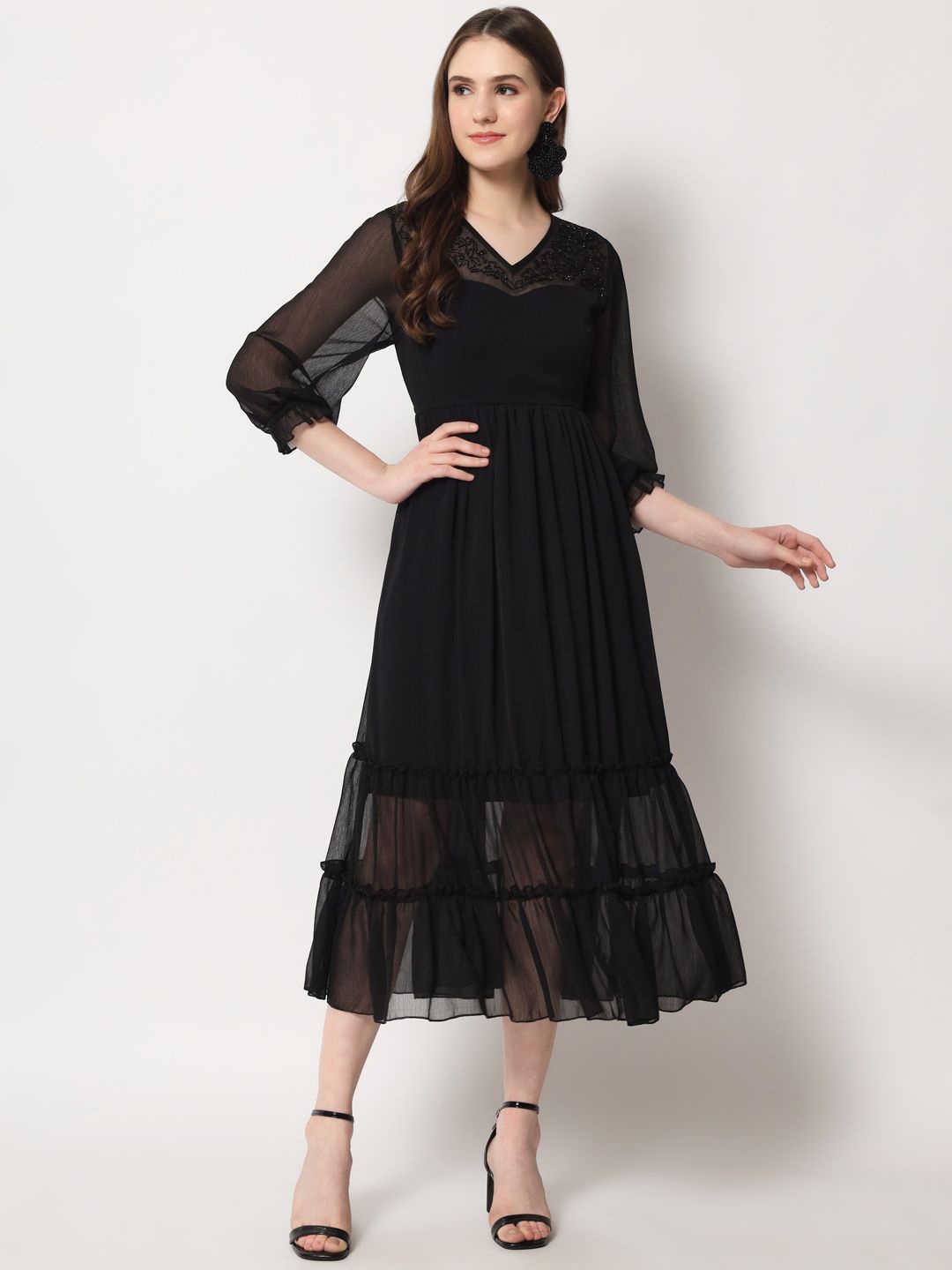 

ARDITA Women Ruffled Chiffon V-Neck Puff Sleeves Fit & Flare Midi Dress, Black