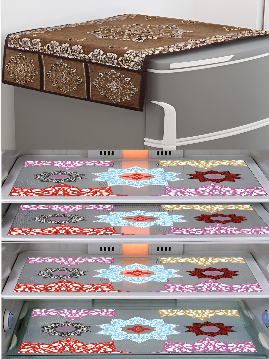 

LooMantha Orange & Transparent 5 Pieces Printed Fridge Top Cover & Fridge Mats