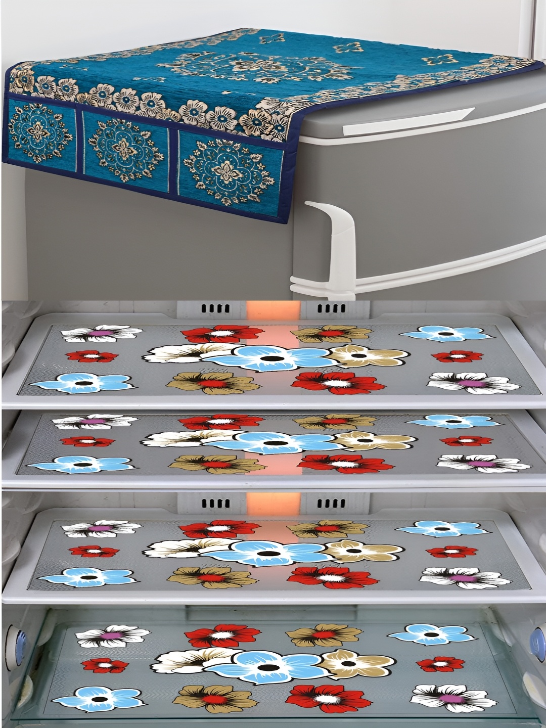 

LooMantha Violet & Blue 5 Pieces Refrigerator Cover With Refrigerator Mats