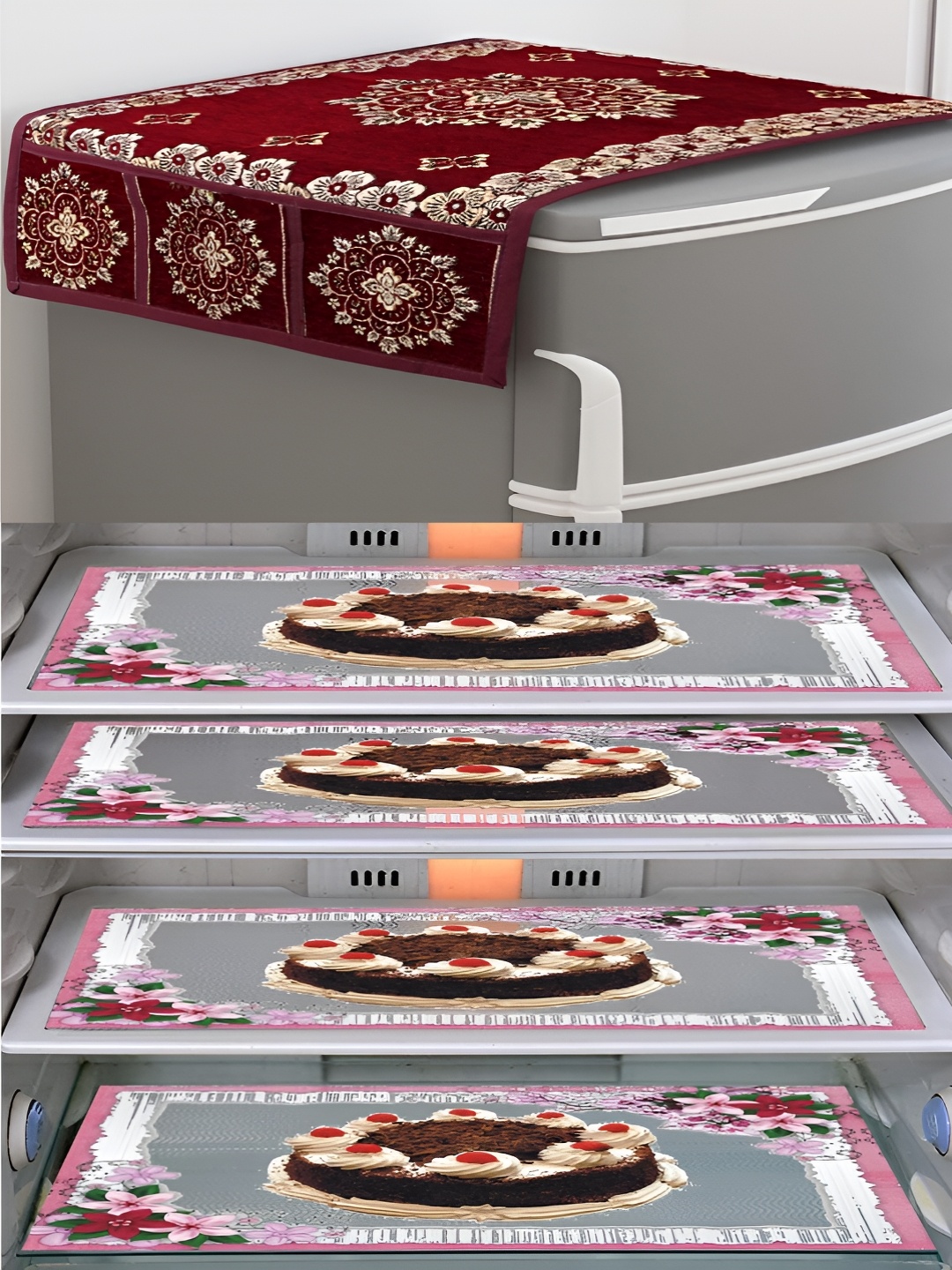 

LooMantha Maroon & Transparent 5 Pieces Printed Fridge Top Cover & Fridge Mats