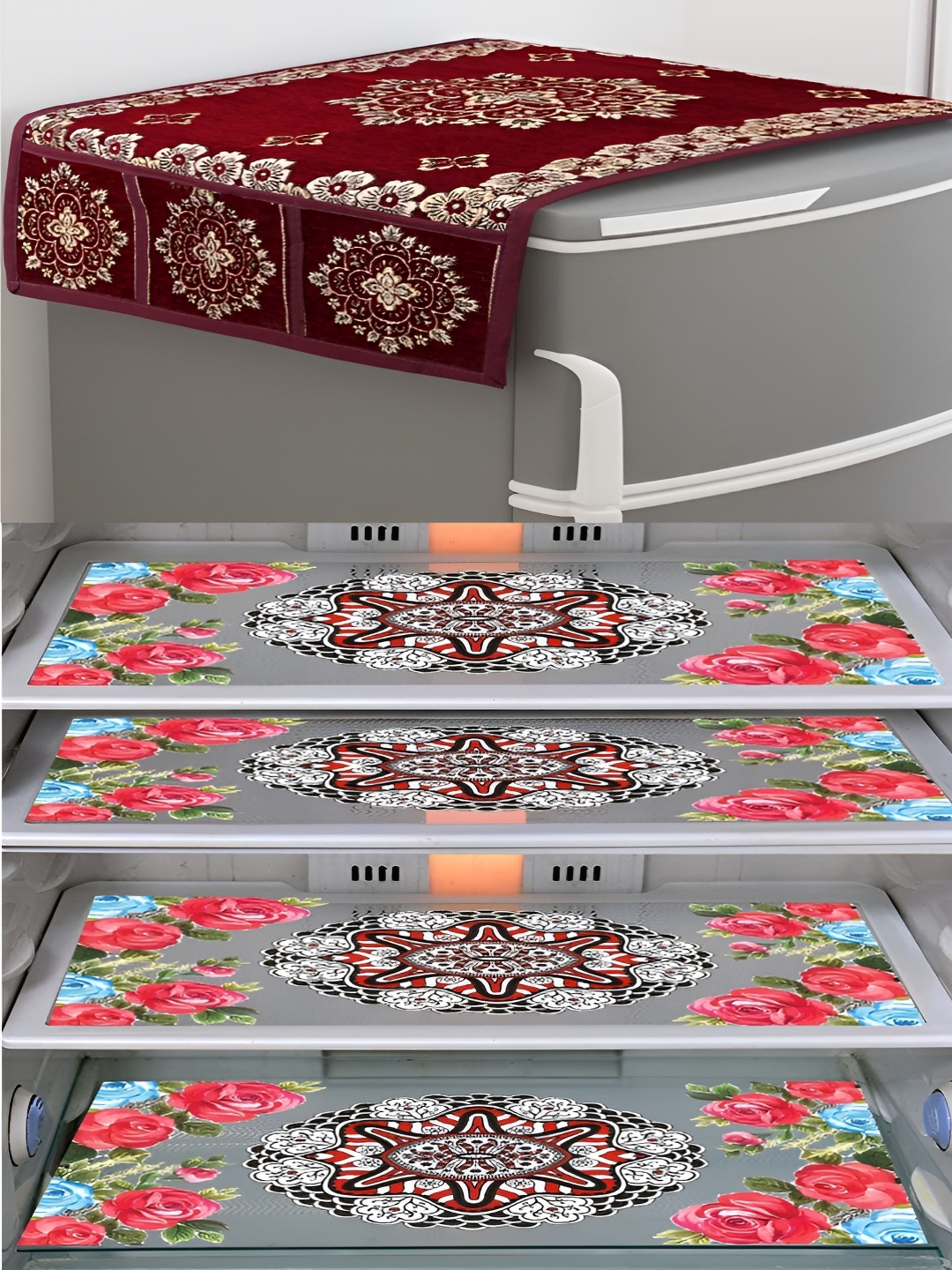 

LooMantha Maroon & Pink 5 Pieces Printed Fridge Top Cover & Fridge Mats