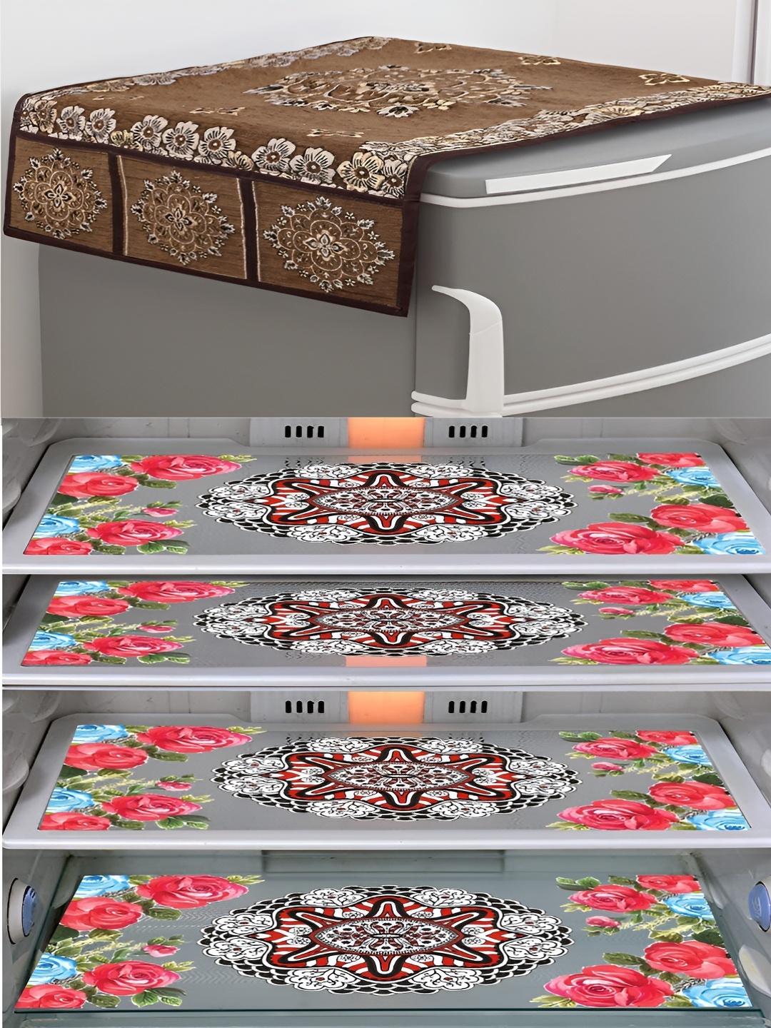 

LooMantha Brown & Beige 5 Pieces Floral Refrigerator Cover With Refrigerator Mats