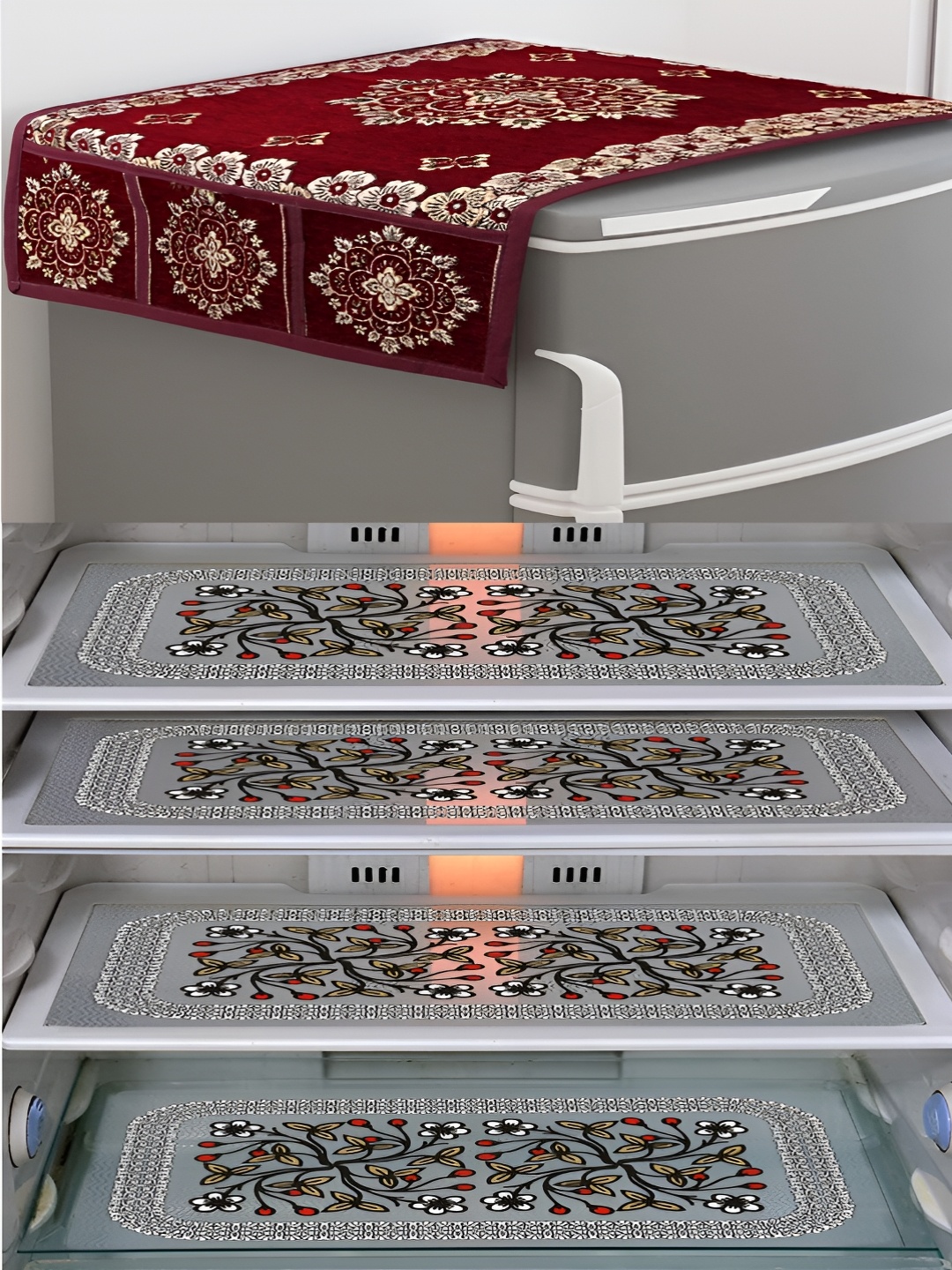 

LooMantha Maroon & Black 5 Pieces Printed Fridge Top Cover & Fridge Mats