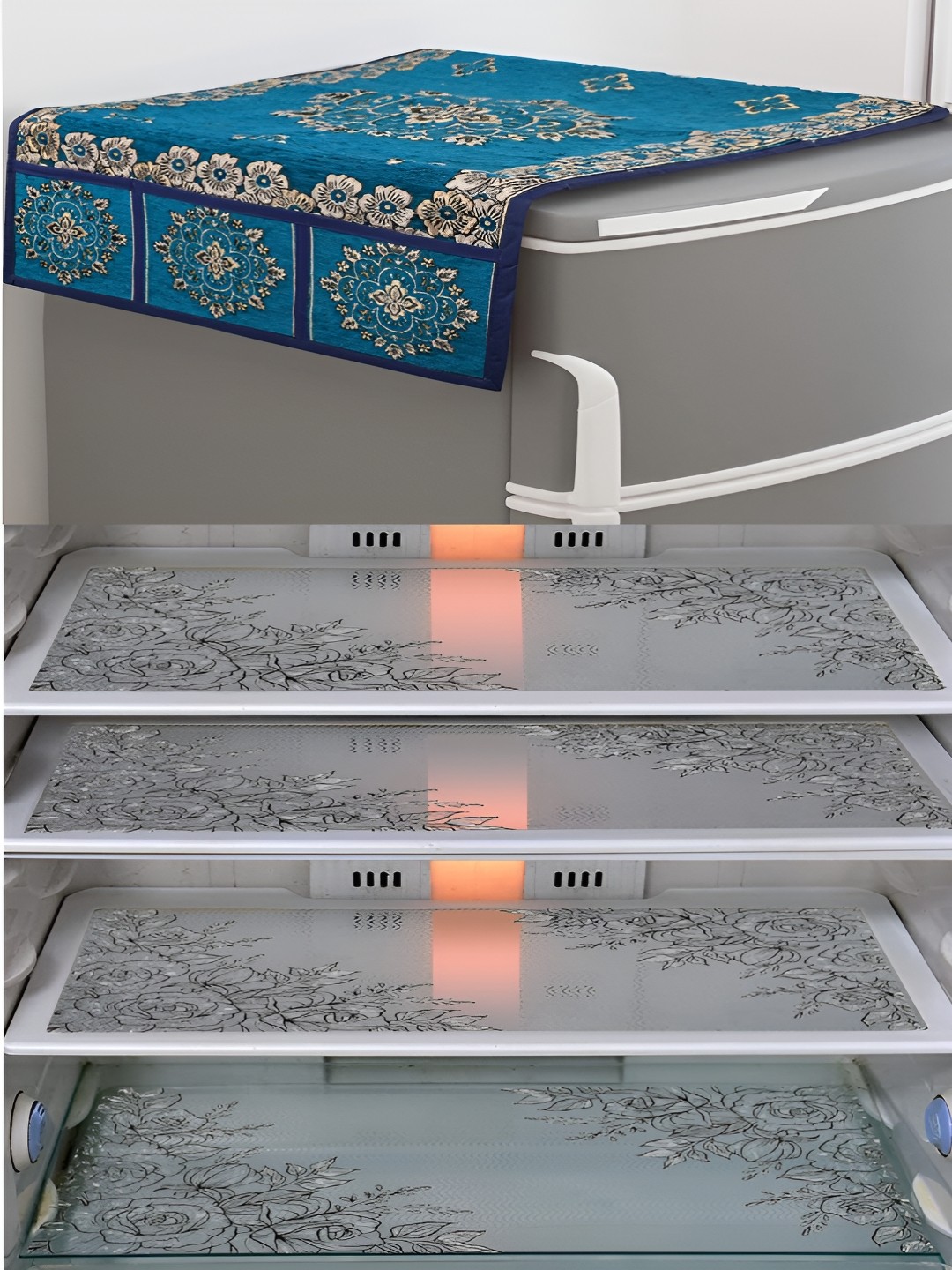 

LooMantha Voilet & Transparent 5 Pieces Printed Fridge Top Cover & Fridge Mats