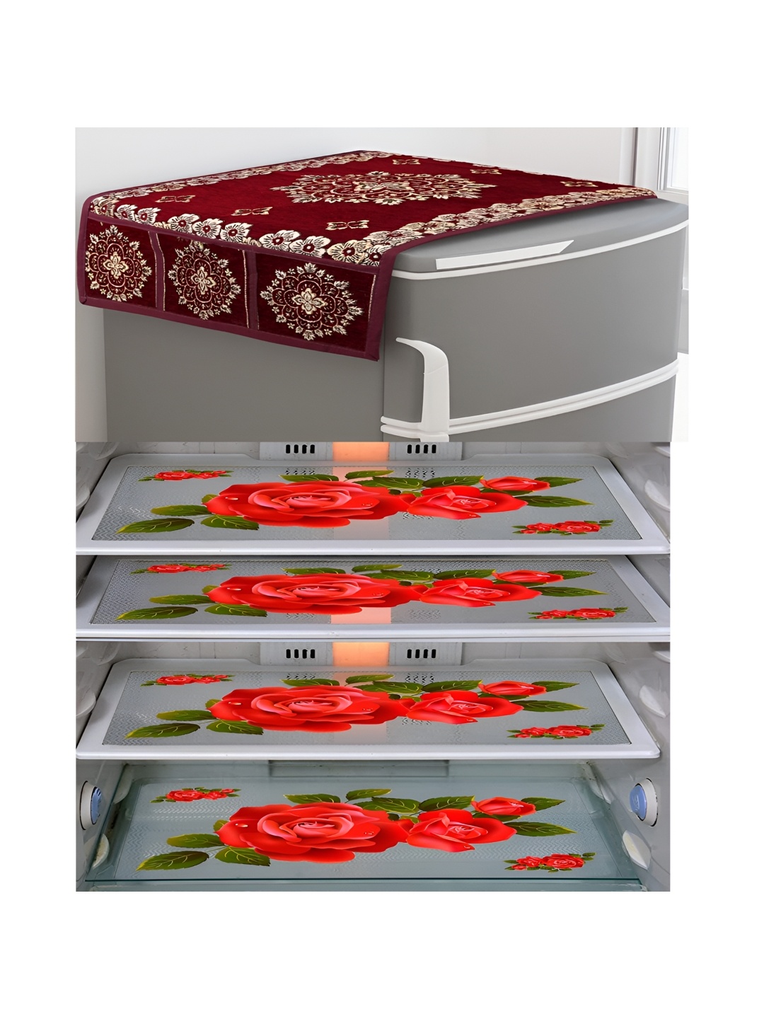 

LooMantha Maroon & Beige 5 Pieces Floral Refrigerator Cover With Refrigerator Mats