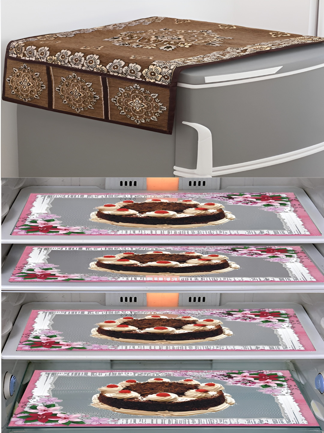 

LooMantha Brown & Transparent 5 Pieces Printed Fridge Top Cover & Fridge Mats