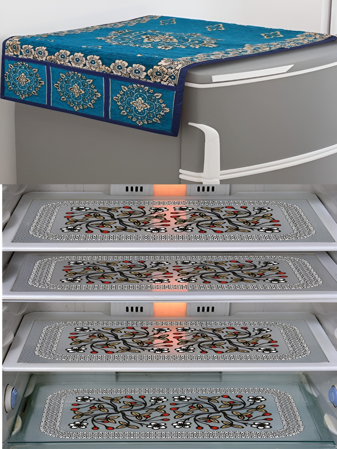 

LooMantha Voilet & Black 5 Pieces Printed Fridge Top Cover & Fridge Mats, Violet