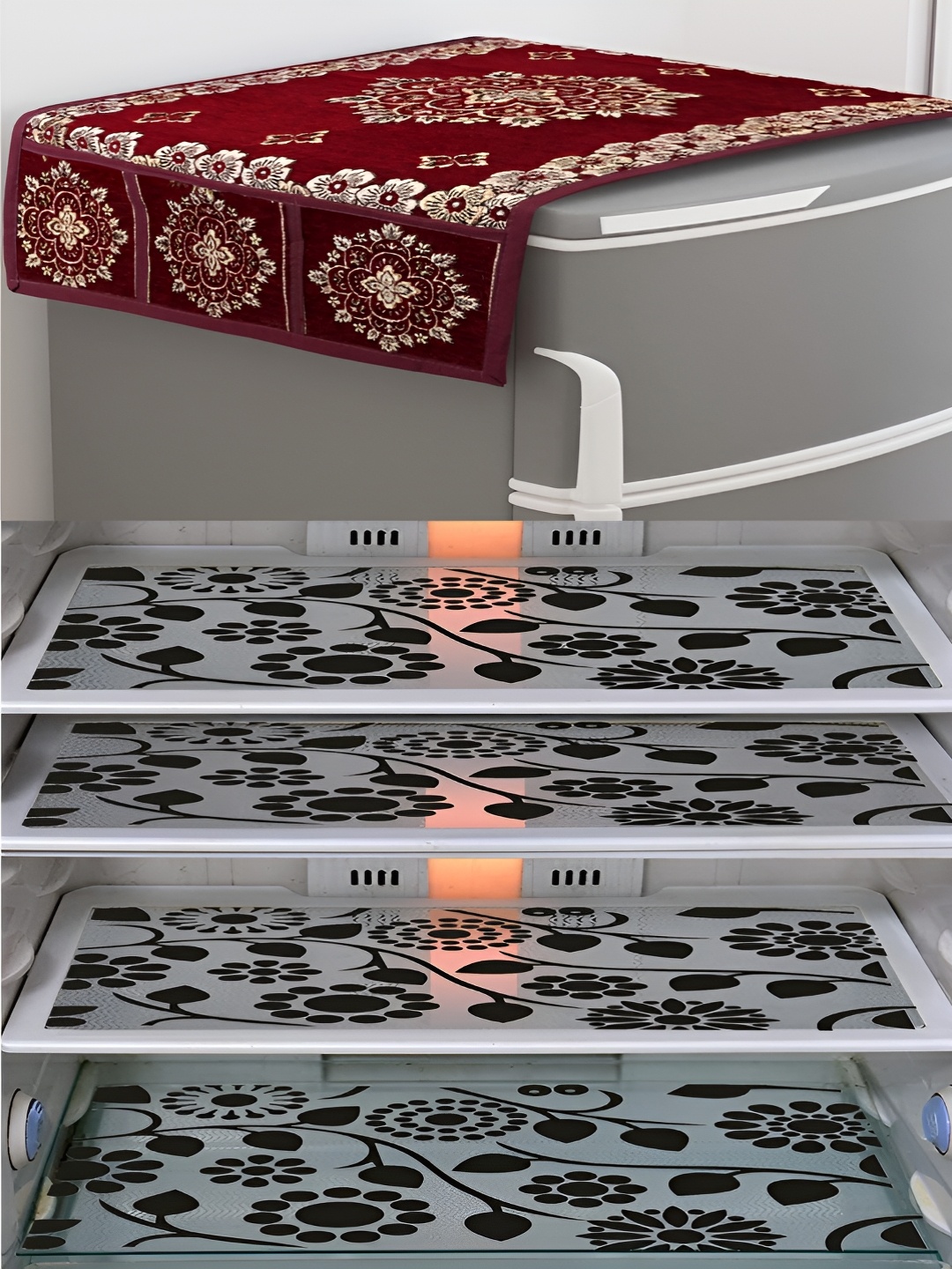 

LooMantha Maroon & White 5 Pieces Printed Fridge Top Cover & Fridge Mats