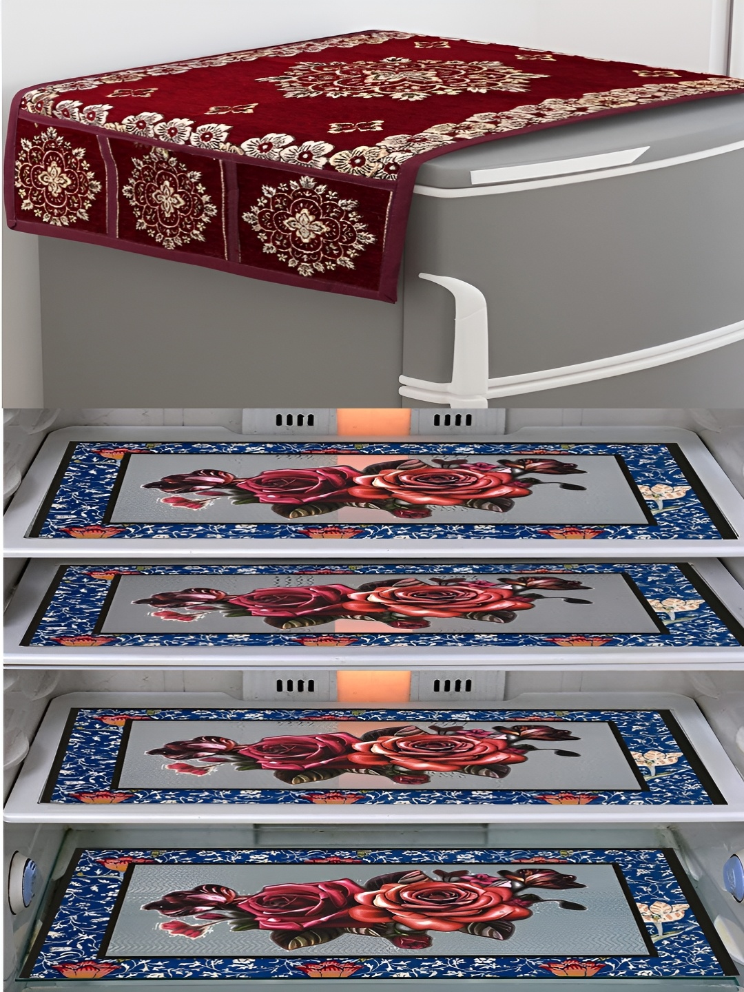 

LooMantha Maroon & Blue 5 Pieces Printed Fridge Top Cover & Fridge Mats