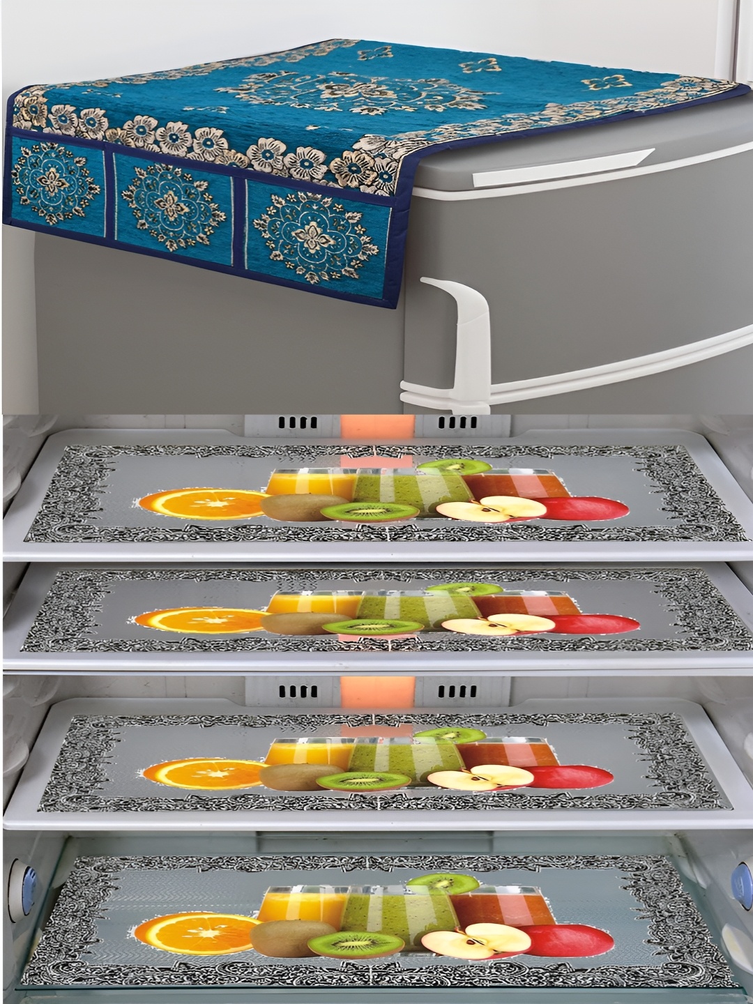 

LooMantha Voilet & Yellow 5 Pieces Printed Fridge Top Cover & Fridge Mats, Violet