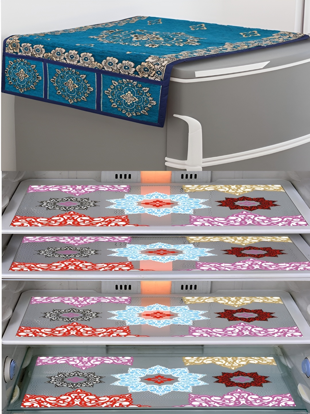 

LooMantha Voilet & Purple 5 Pieeces Printed Fridge Top Cover & Fridge Mats, Violet