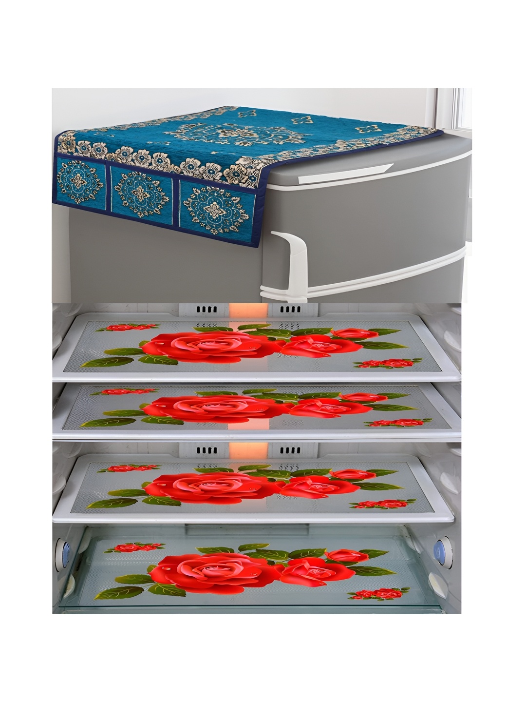 

LooMantha Voilet & Beige 5 Pieces Printed Refrigerator Cover & Fridge Mats, Violet
