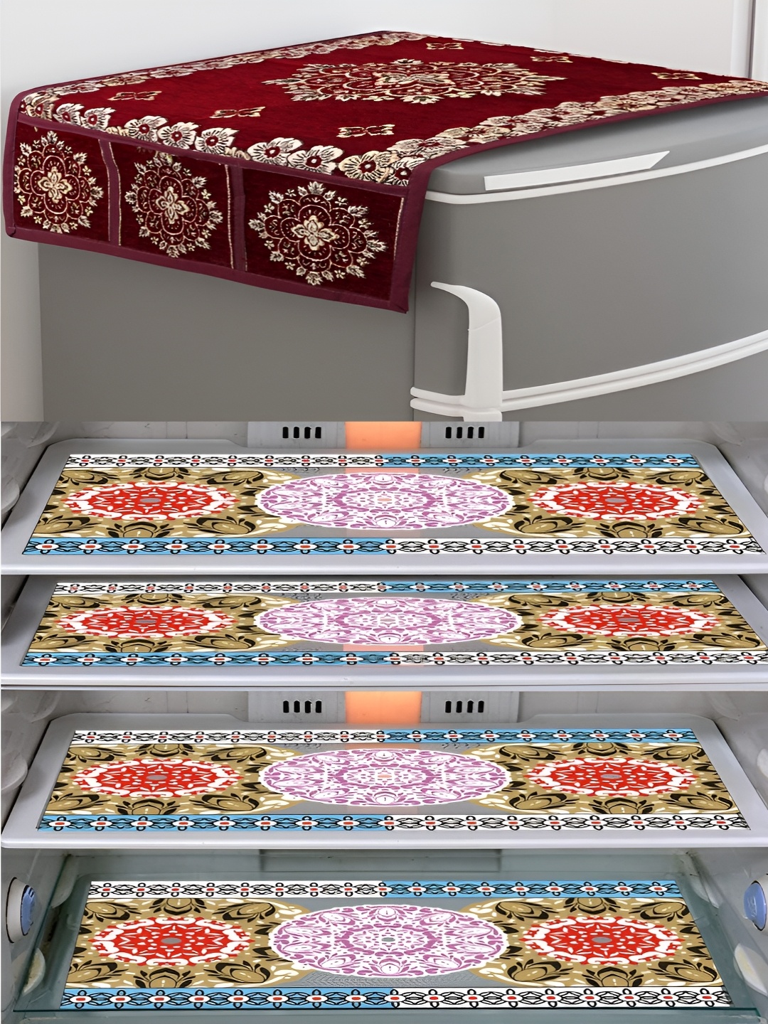 

LooMantha Maroon & Beige 5 Pieces Printed Refrigerator Cover & Fridge Mats