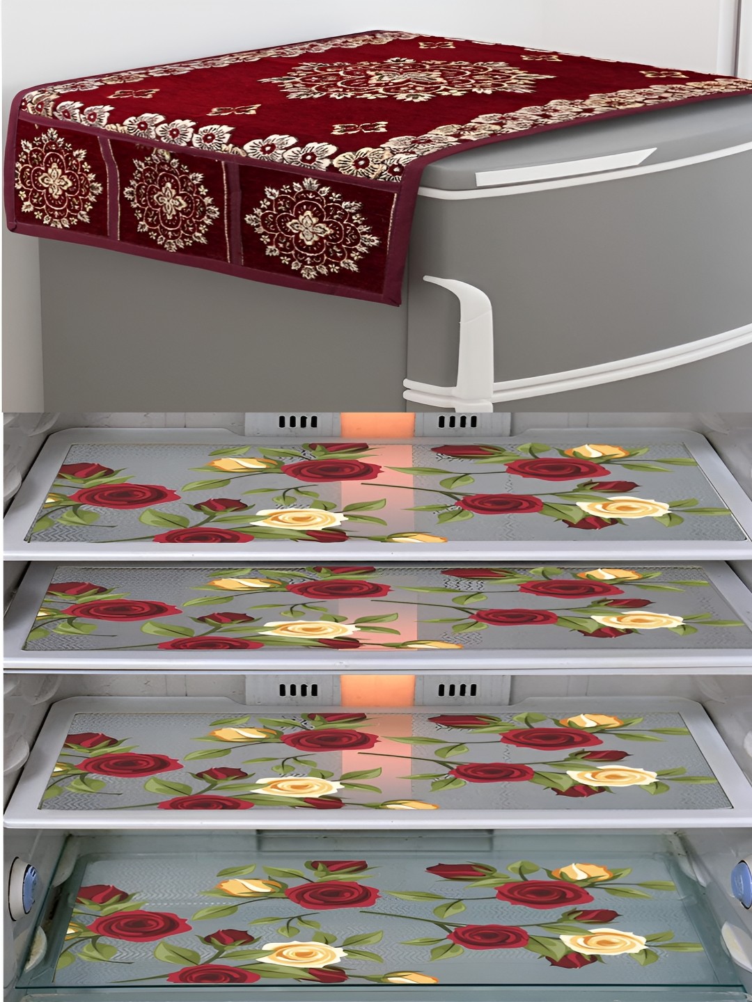 

LooMantha Maroon & Beige 5 Pieces Printed Refrigerator Cover & Fridge Mats