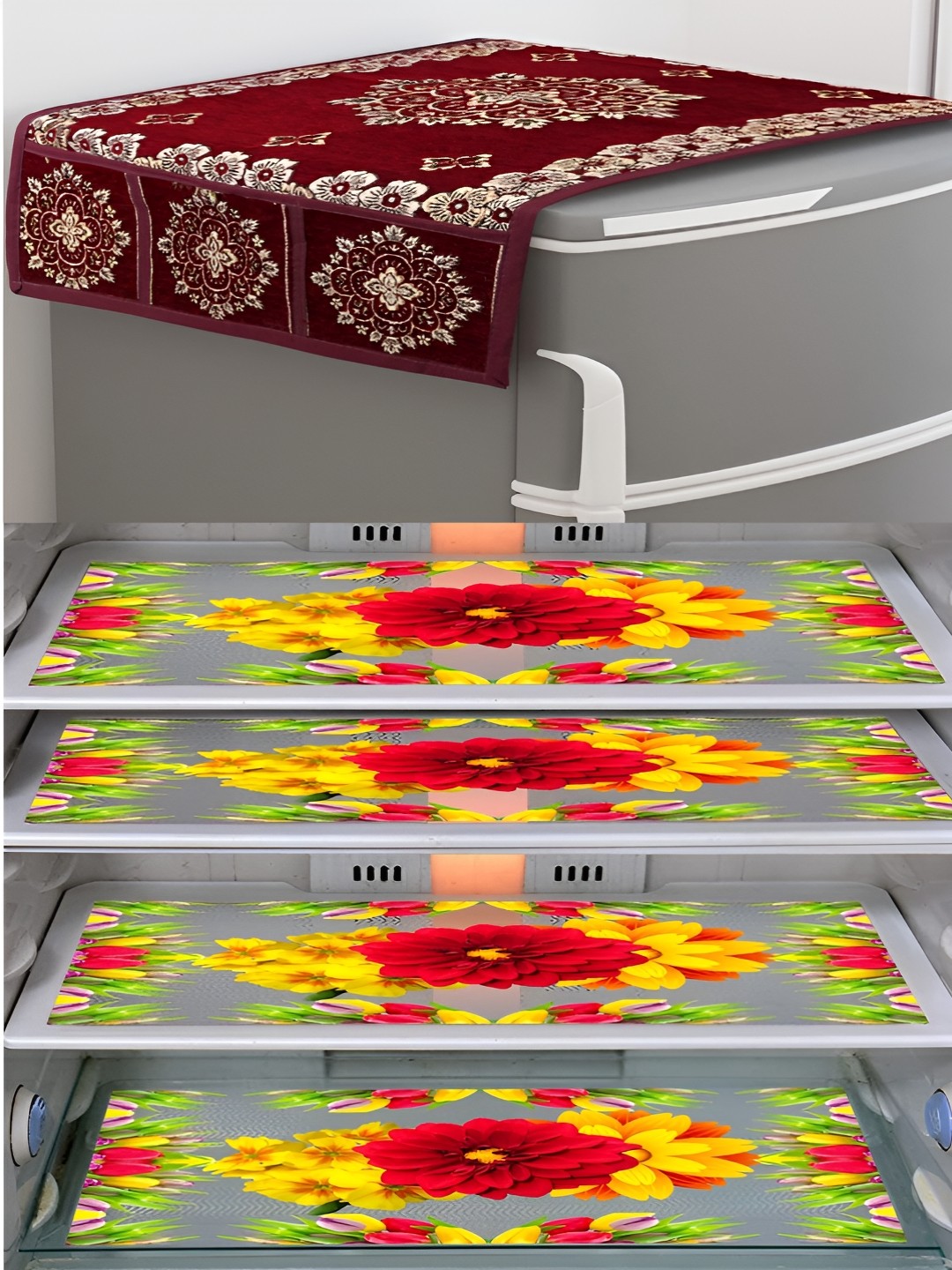 

LooMantha Maroon & Beige 5 Pieces Printed Refrigerator Cover & Fridge Mats