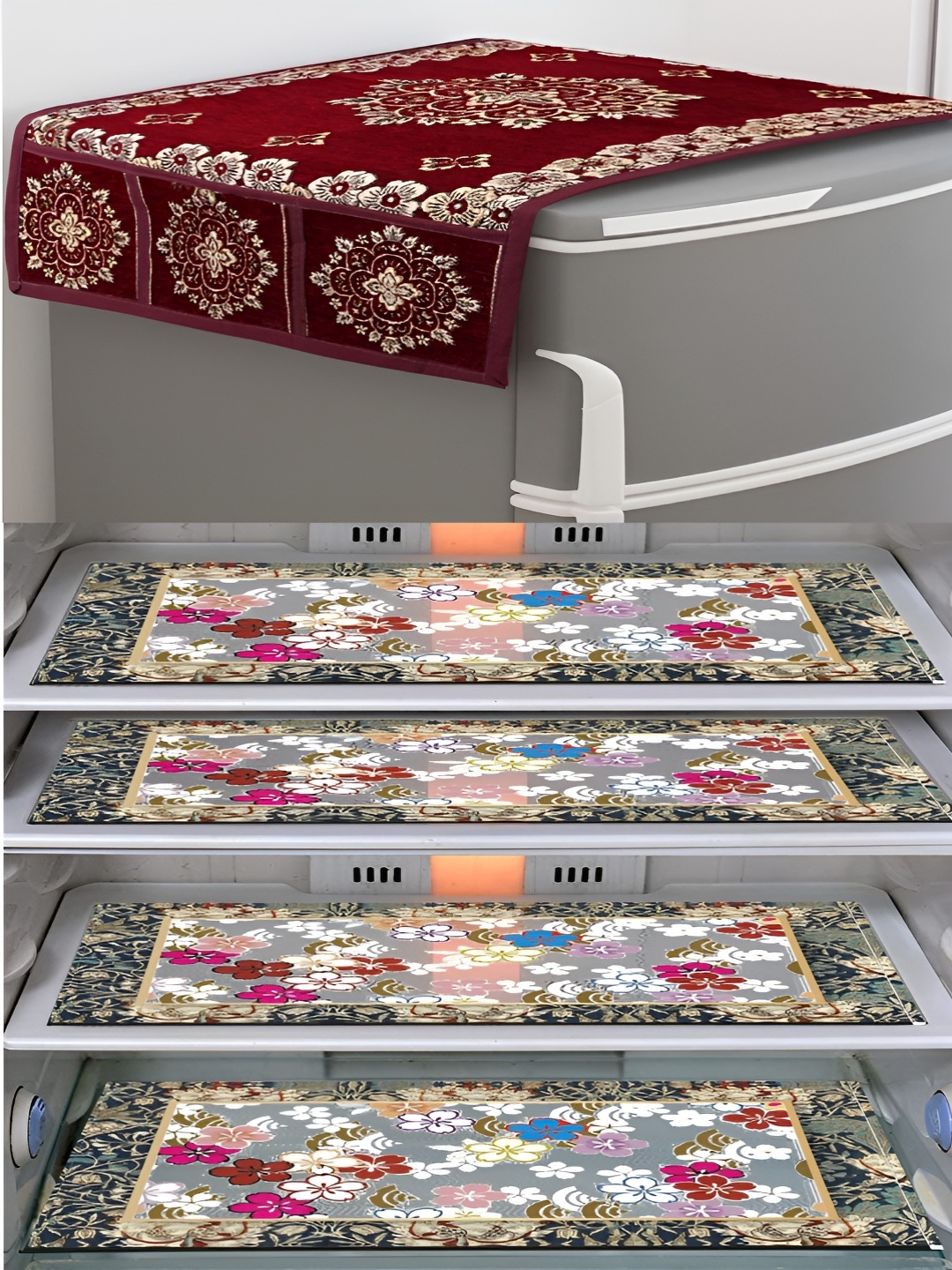 

LooMantha Maroon & Beige 5 Pieces Printed Refrigerator Cover & Fridge Mats