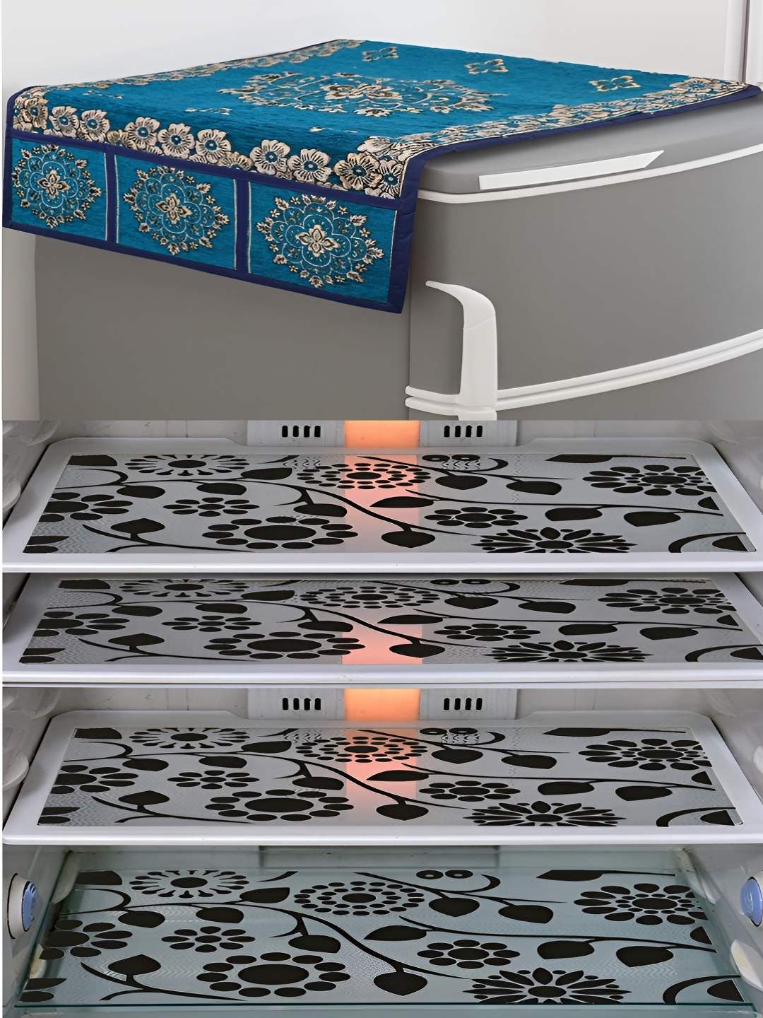 

LooMantha Blue & Beige 5 Pieces Printed Refrigerator Cover & Fridge Mats