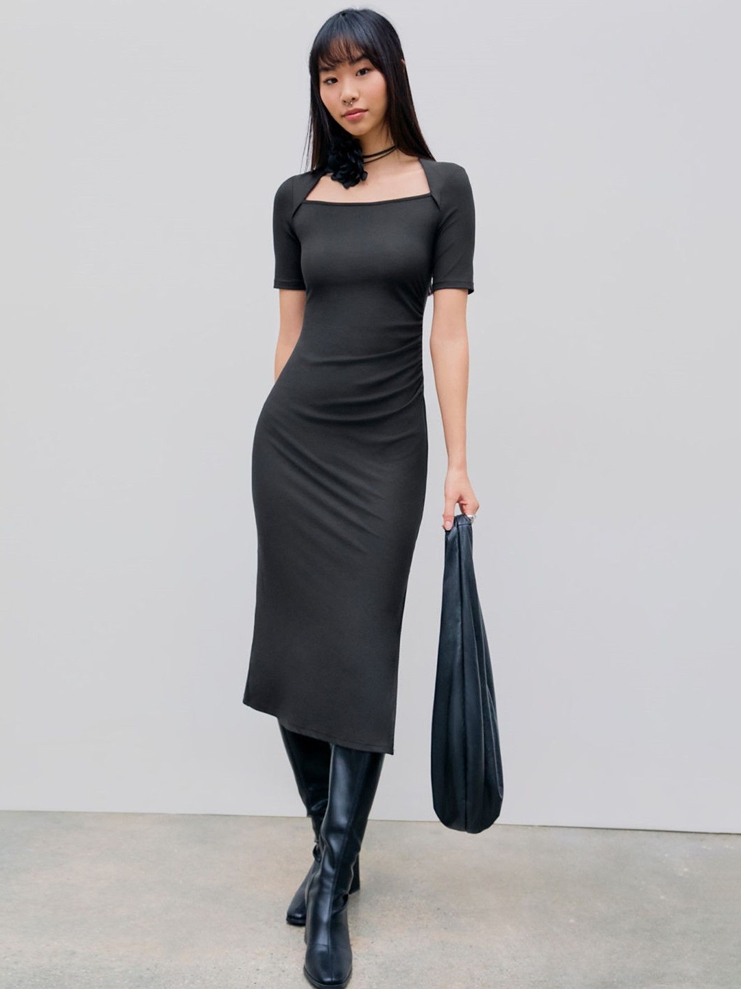 

StyleCast Square Neck Short Sleeves Bodycon Midi Dress, Black