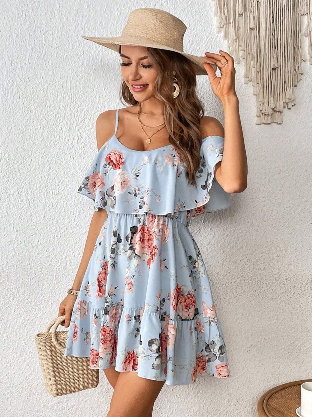 

StyleCast Floral Print Cold-Shoulder Tiered Fit & Flare Mini Dress, Blue