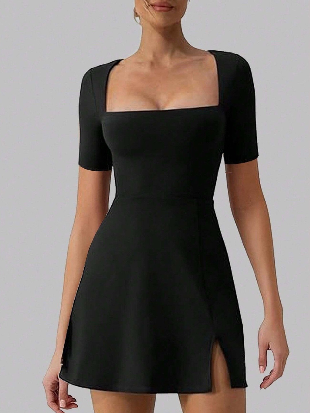 

StyleCast Square Neck Georgette Mini A-Line Dress, Black