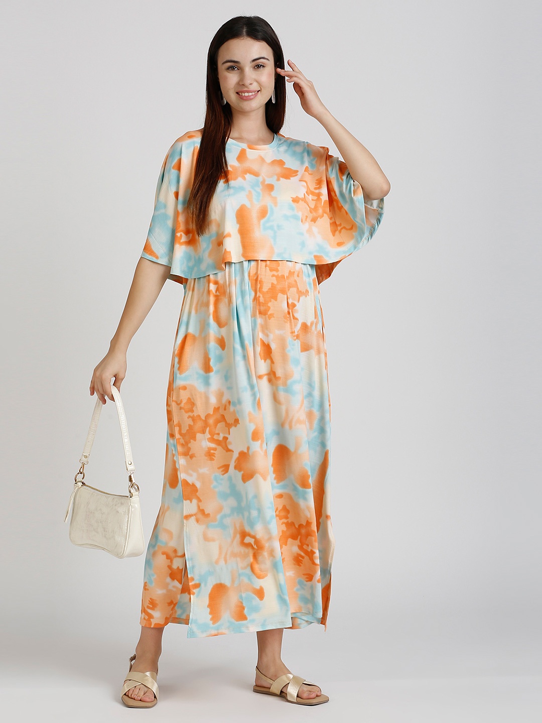 

True Shape Women Printed Gown Maxi Maternity Ethnic Dress With Attached Nursing Cape, Orange